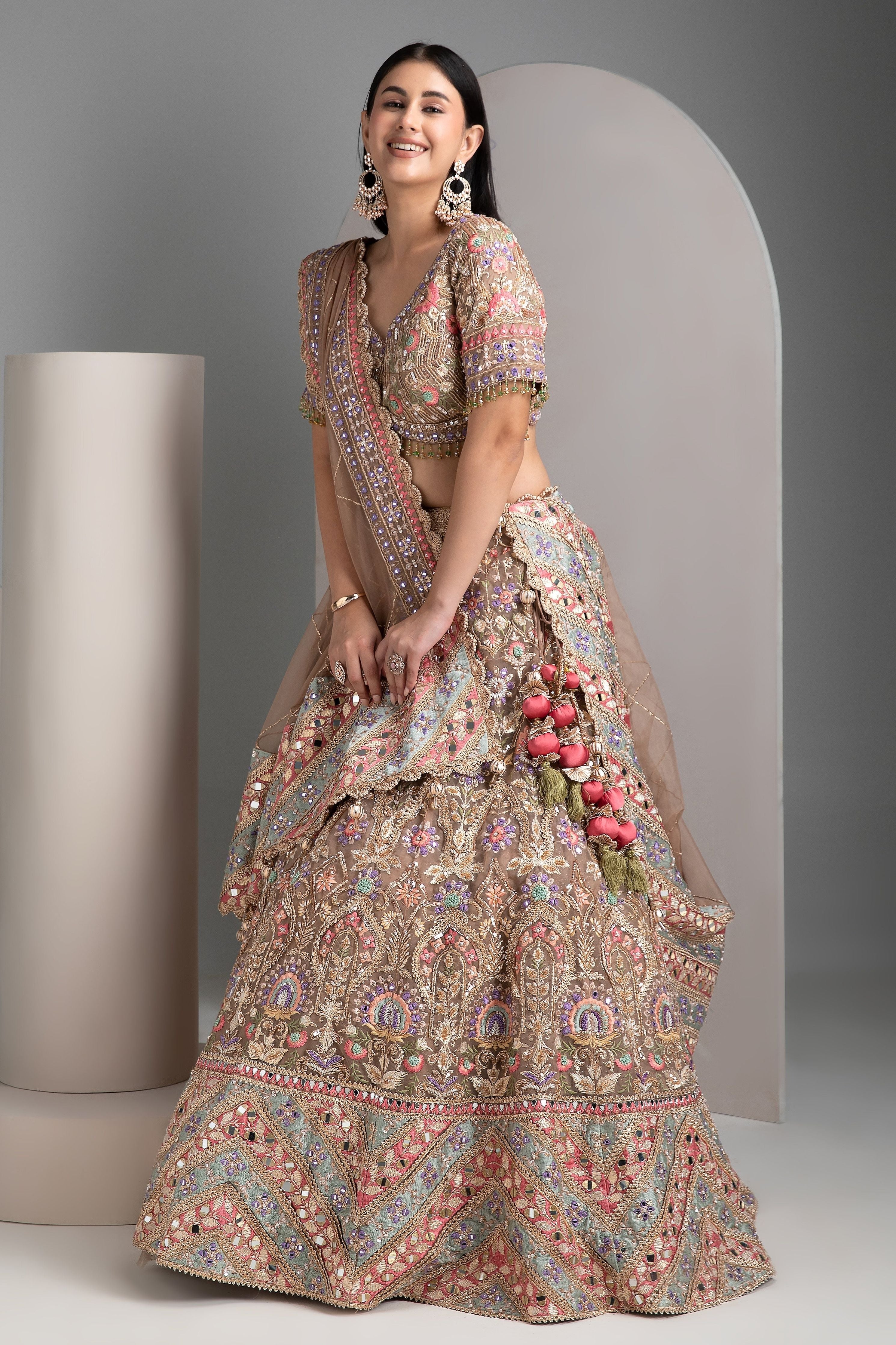 Pale brown organza lehenga set - Mokshaa