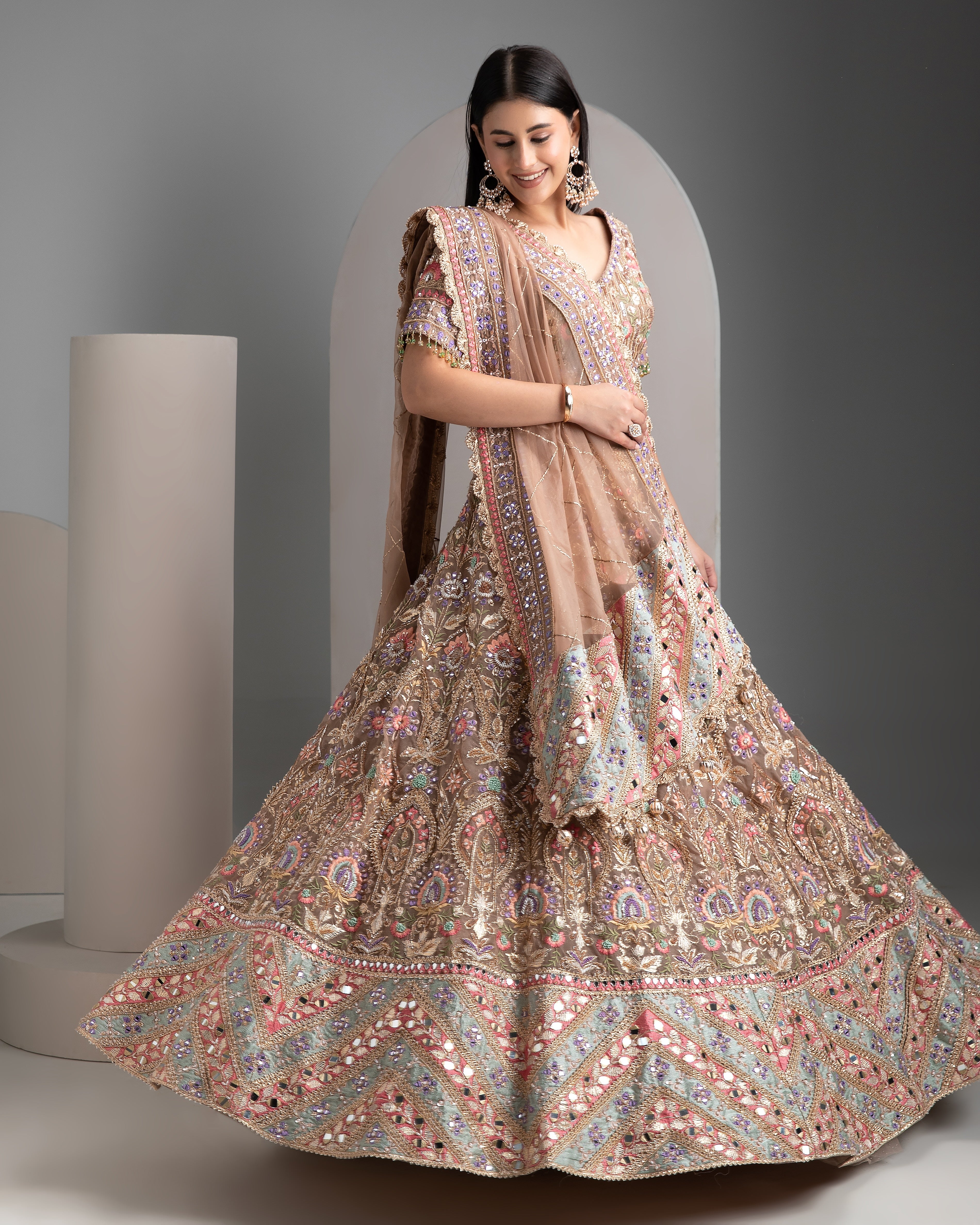 Pale brown organza lehenga set - Mokshaa