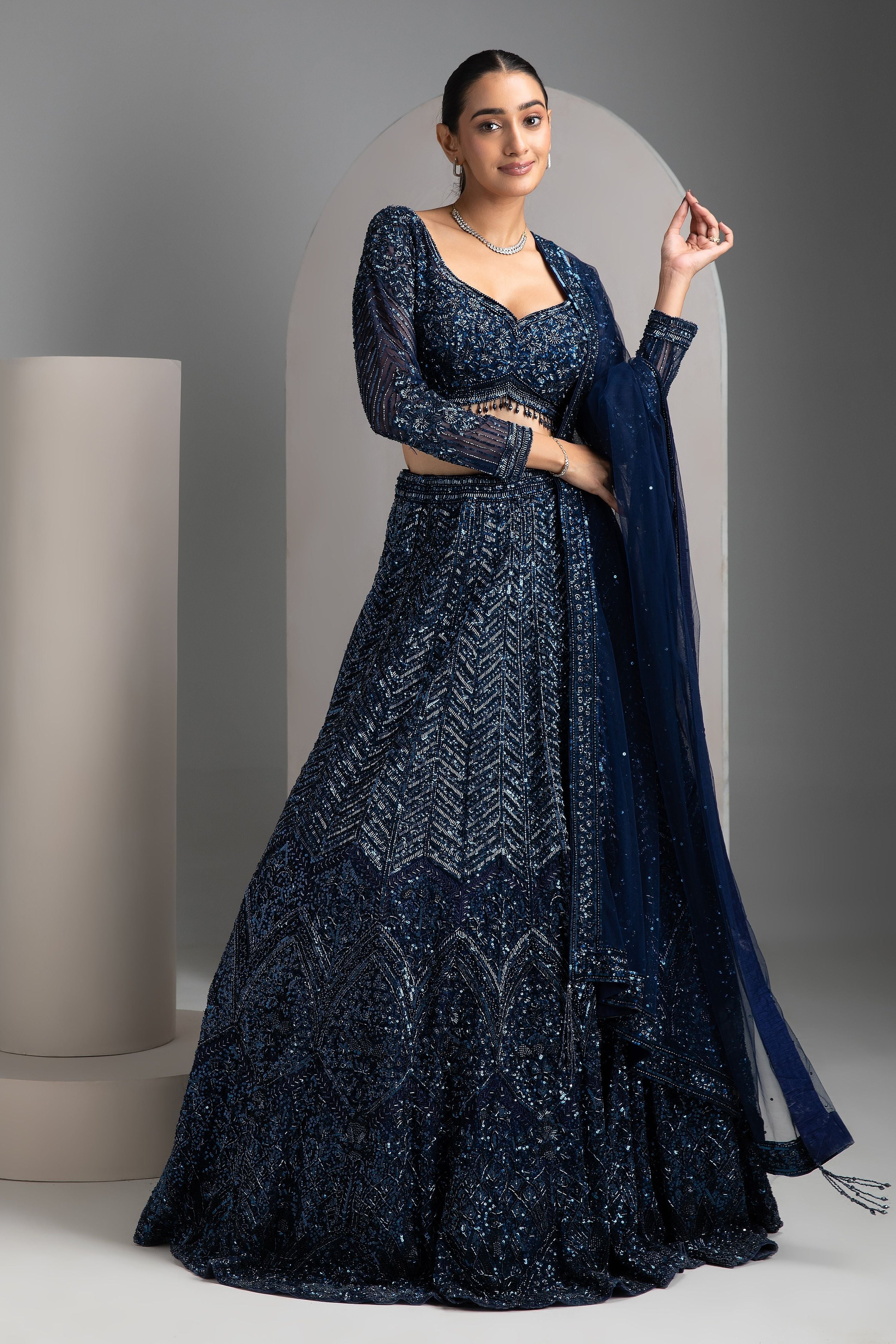 Navy Sequin Embriodred Lehenga Set - Mokshaa