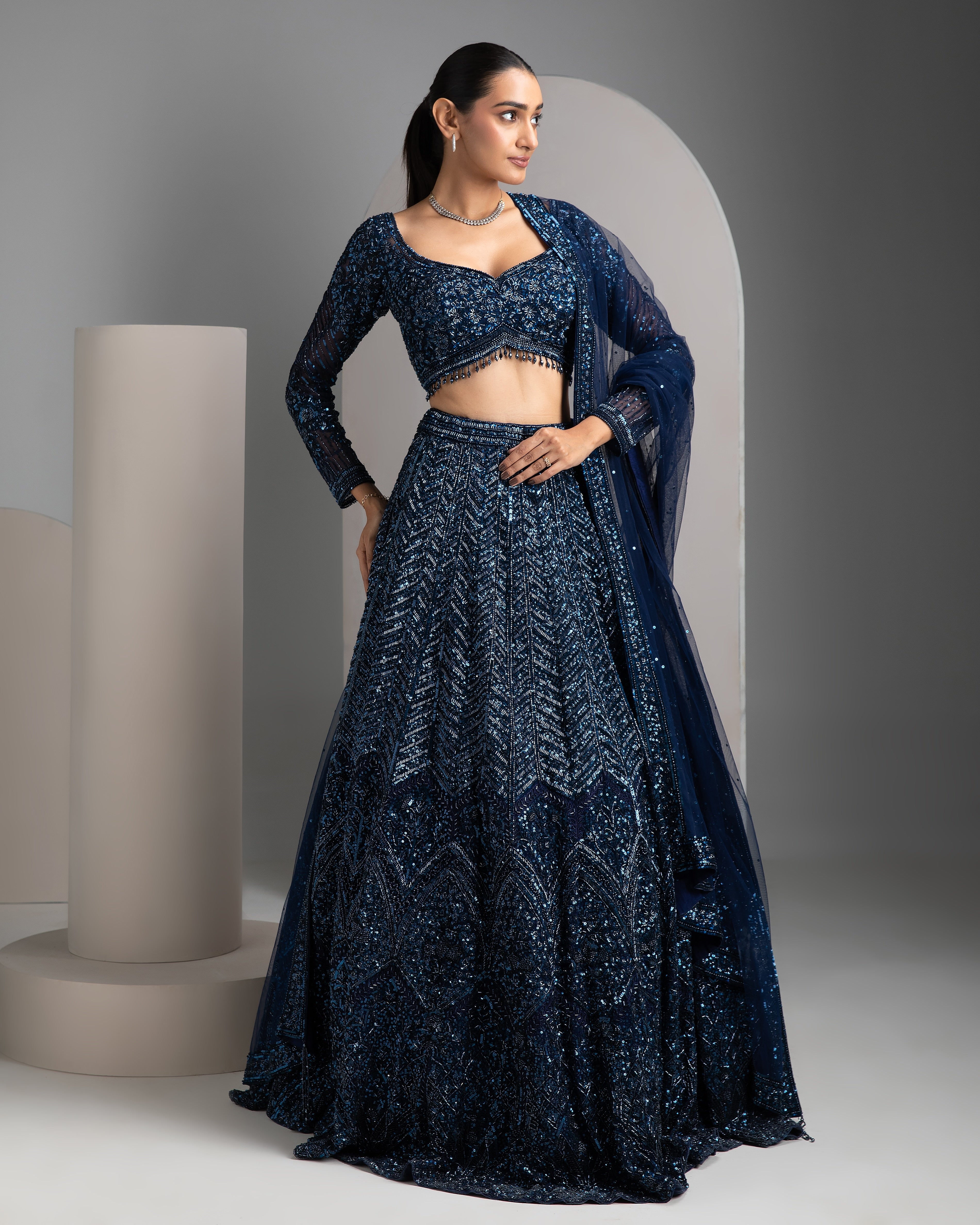 Navy Sequin Embriodred Lehenga Set - Mokshaa