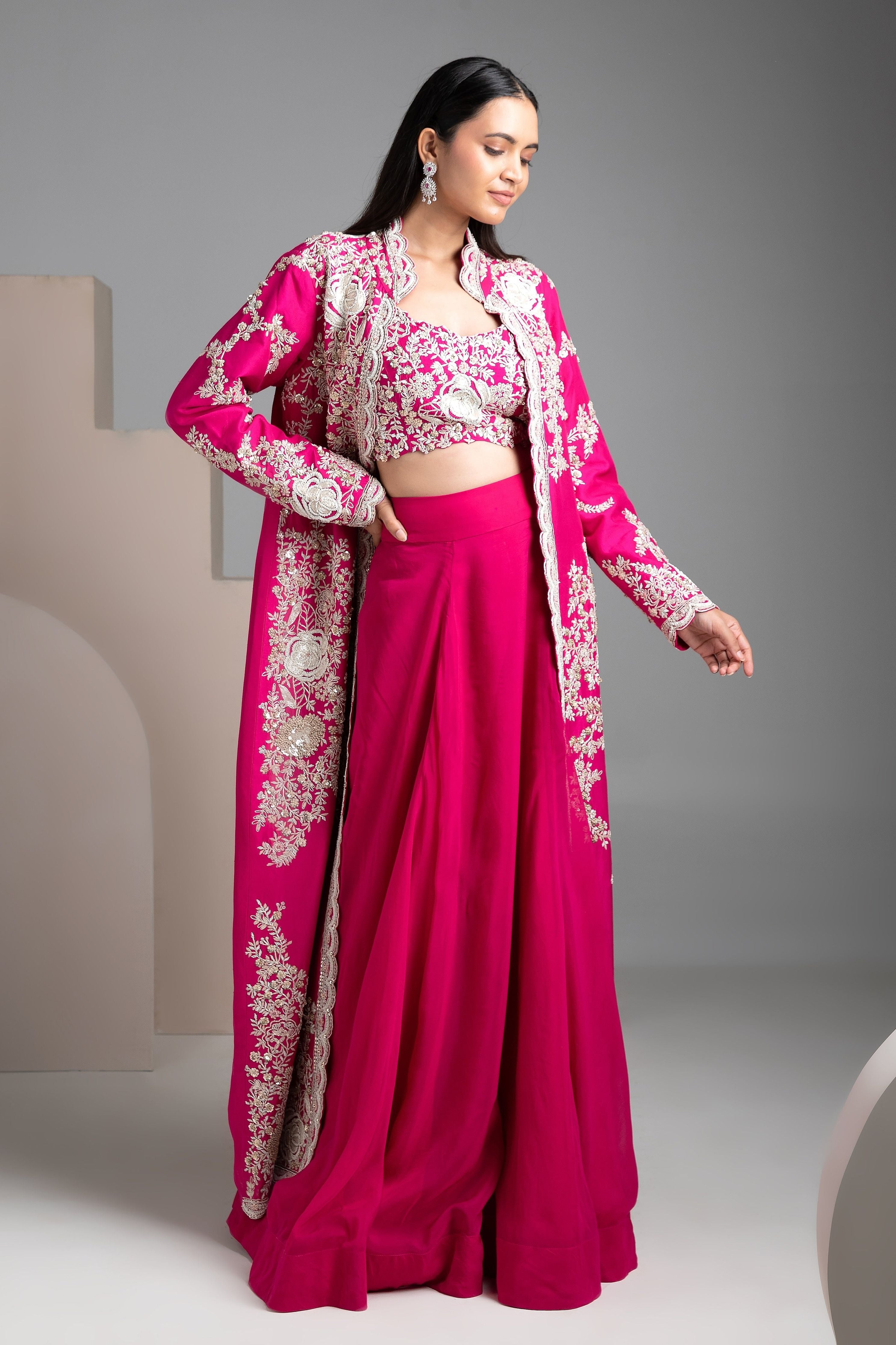 Rose Red Jacket Lehenga Set - Mokshaa