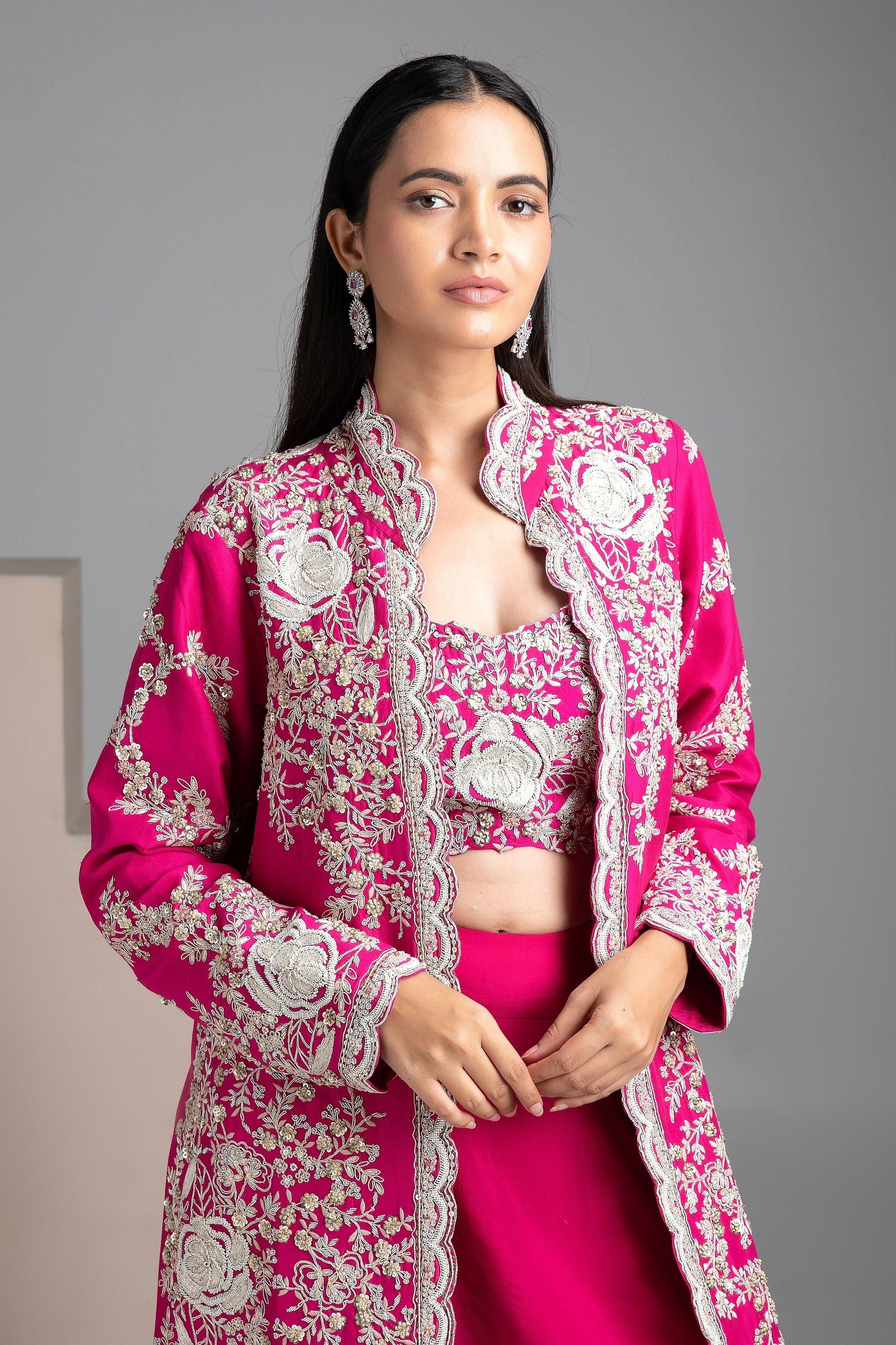 Rose Red Jacket Lehenga Set - Mokshaa