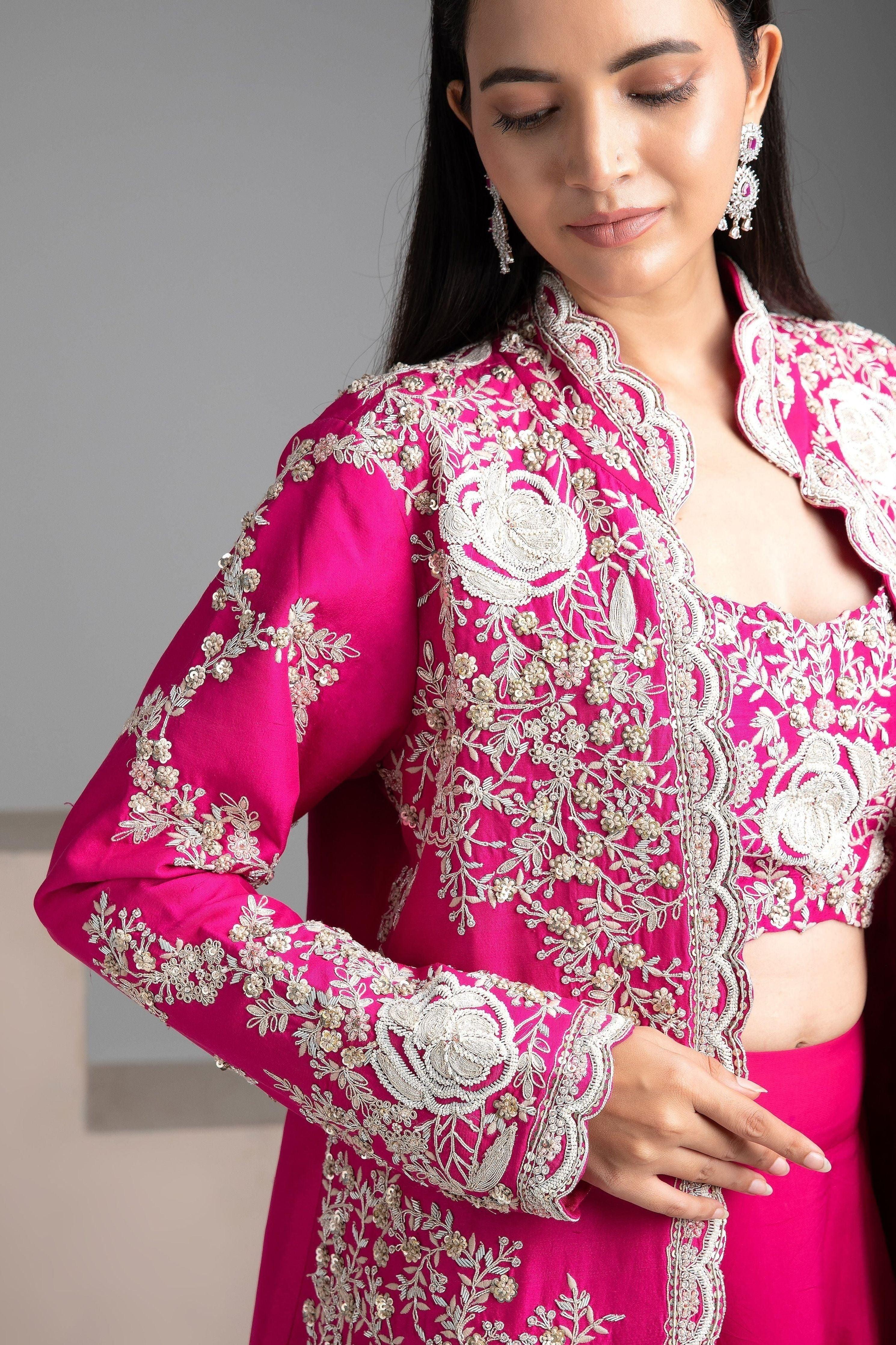 Rose Red Jacket Lehenga Set - Mokshaa