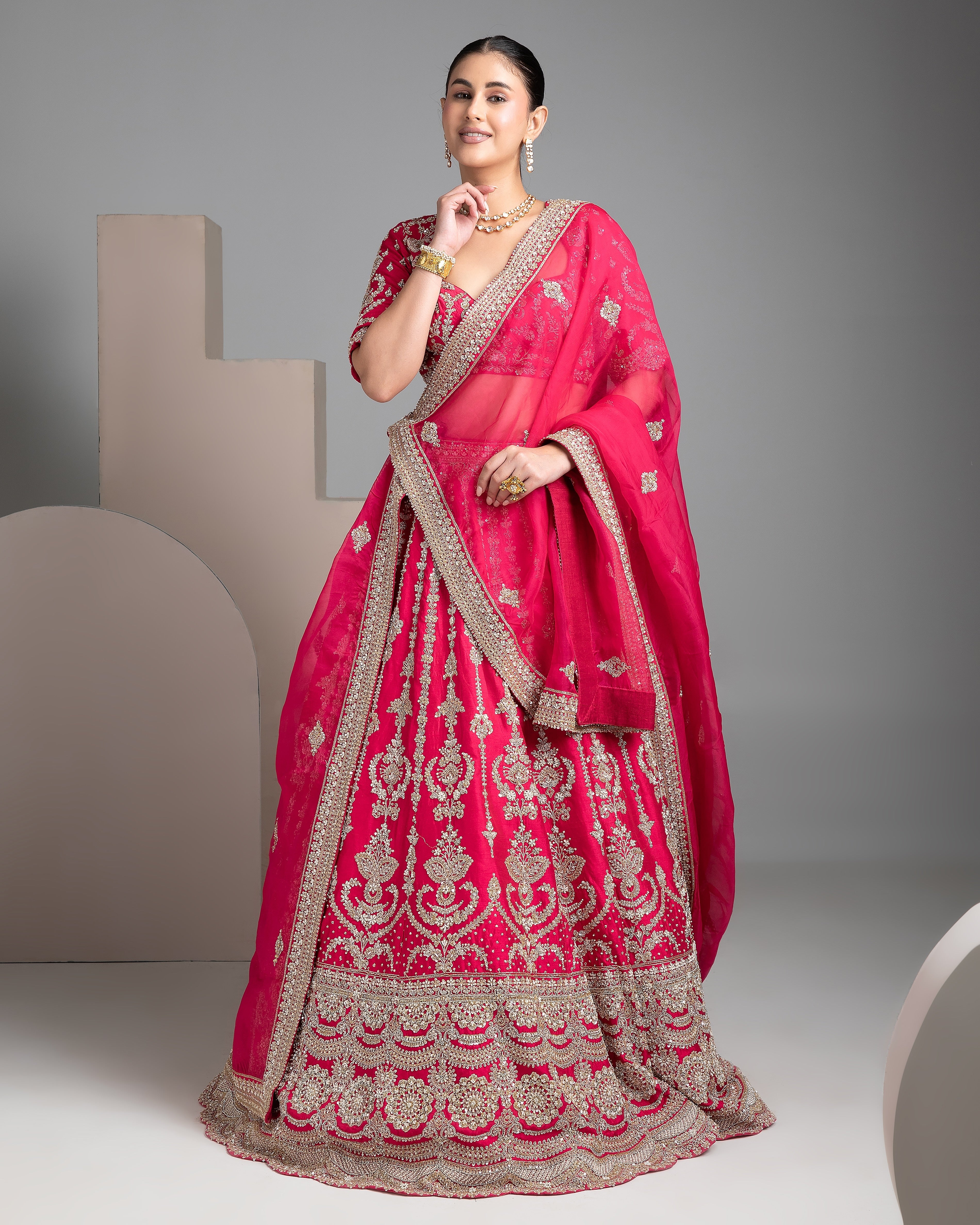 Red Lehenga Set with Double Dupatta - Mokshaa