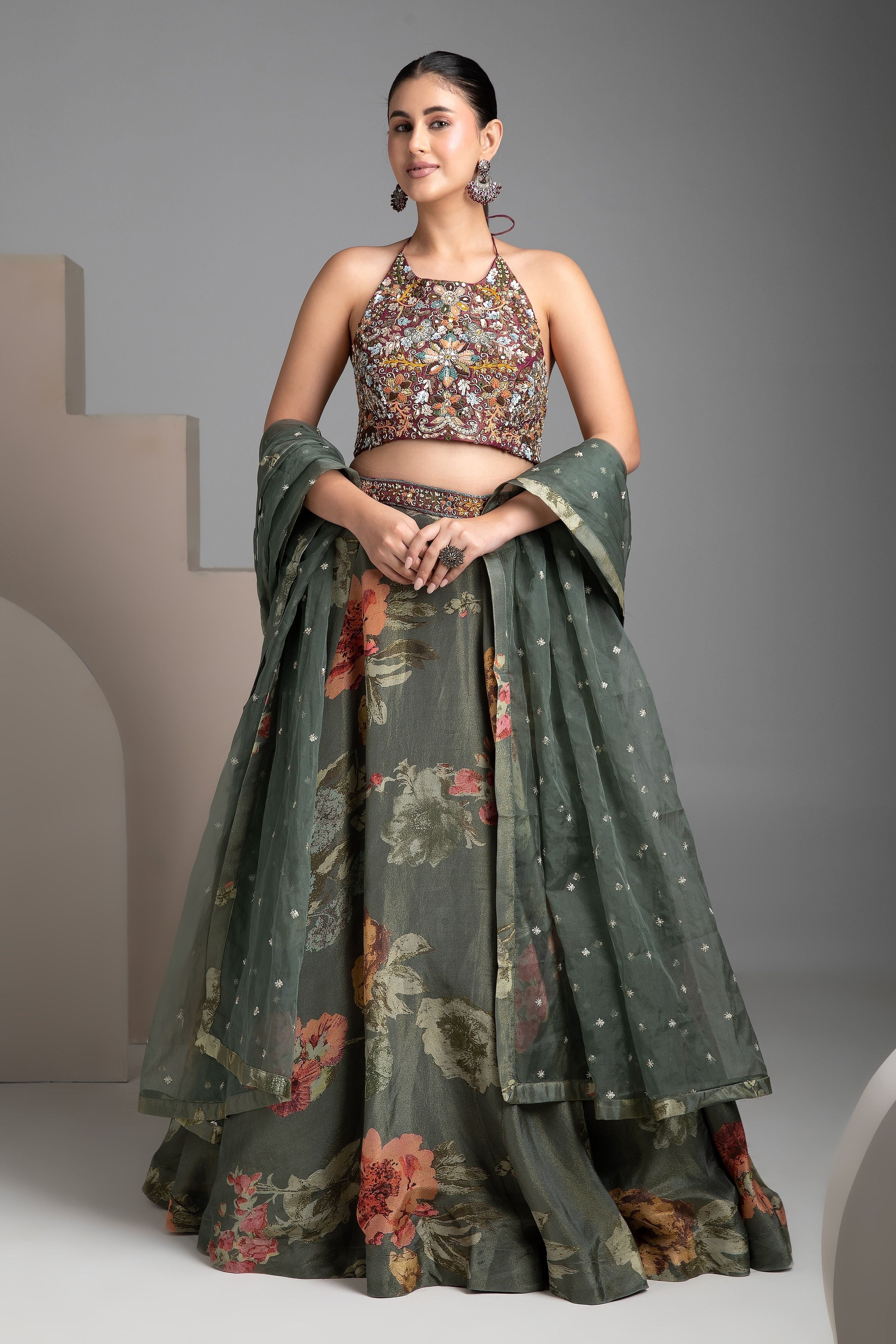 Olive Green Floral Halter-Neck Lehenga Set - Mokshaa