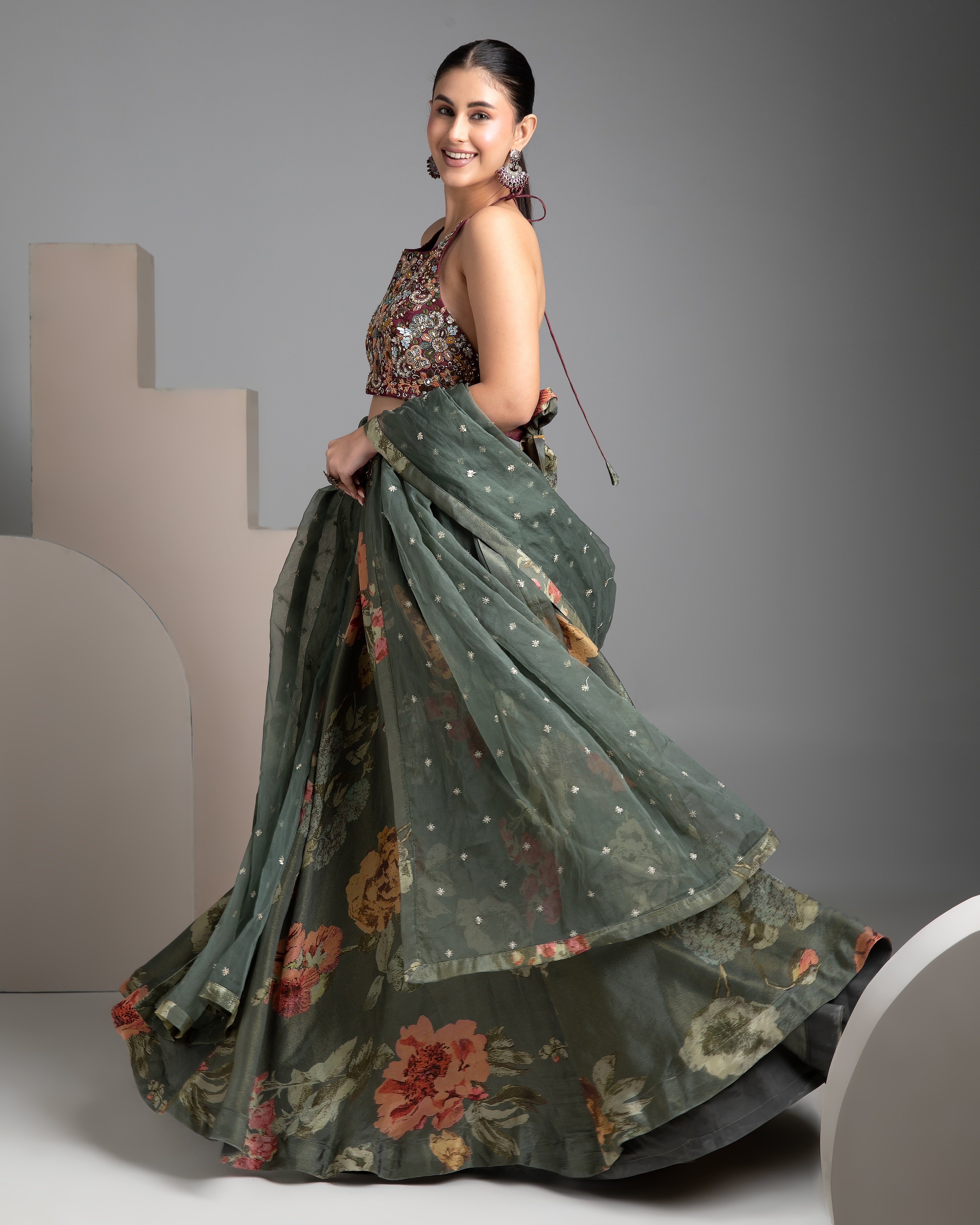 Olive Green Floral Halter-Neck Lehenga Set - Mokshaa