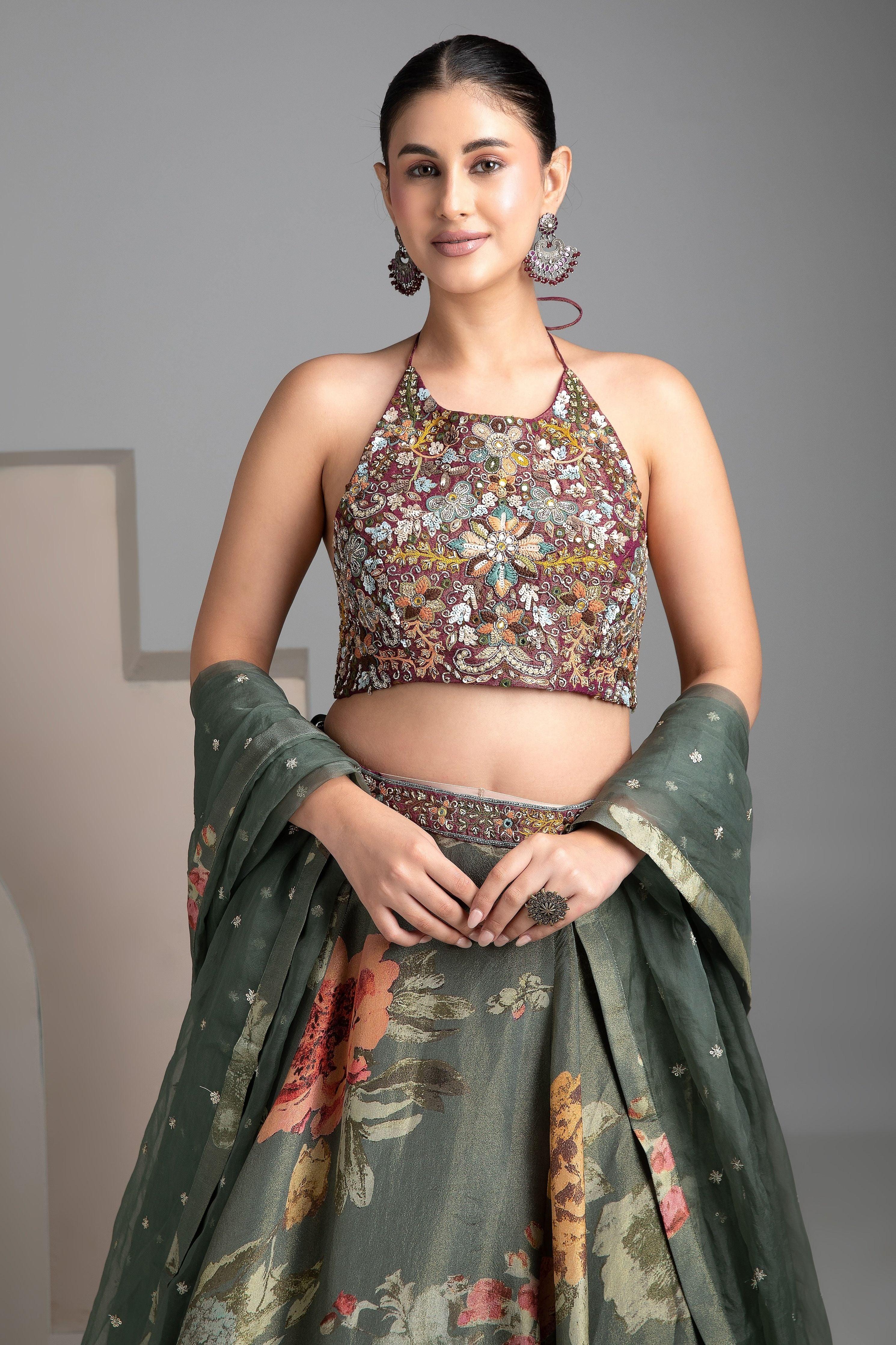 Olive Green Floral Halter-Neck Lehenga Set - Mokshaa