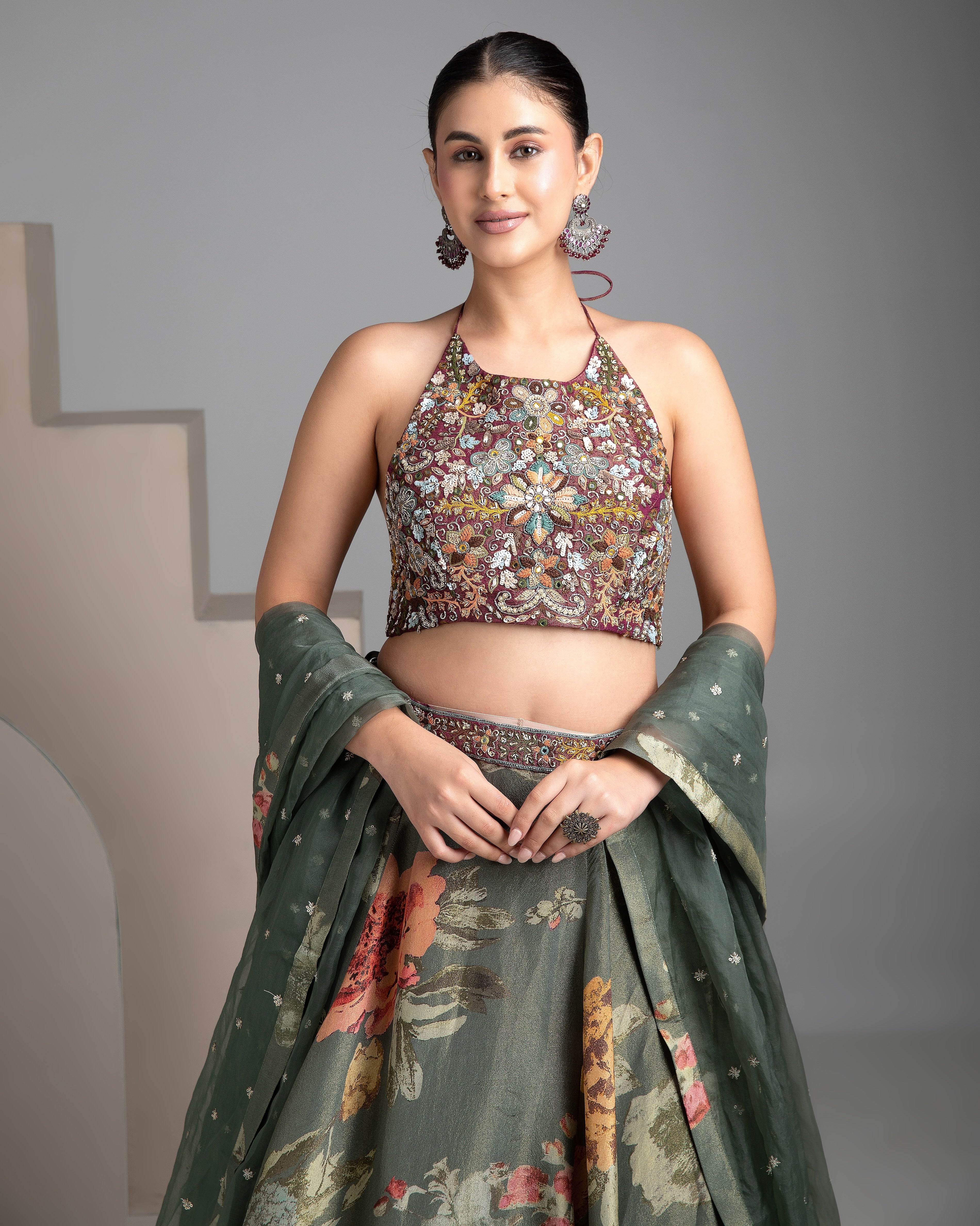 Olive Green Floral Halter-Neck Lehenga Set - Mokshaa