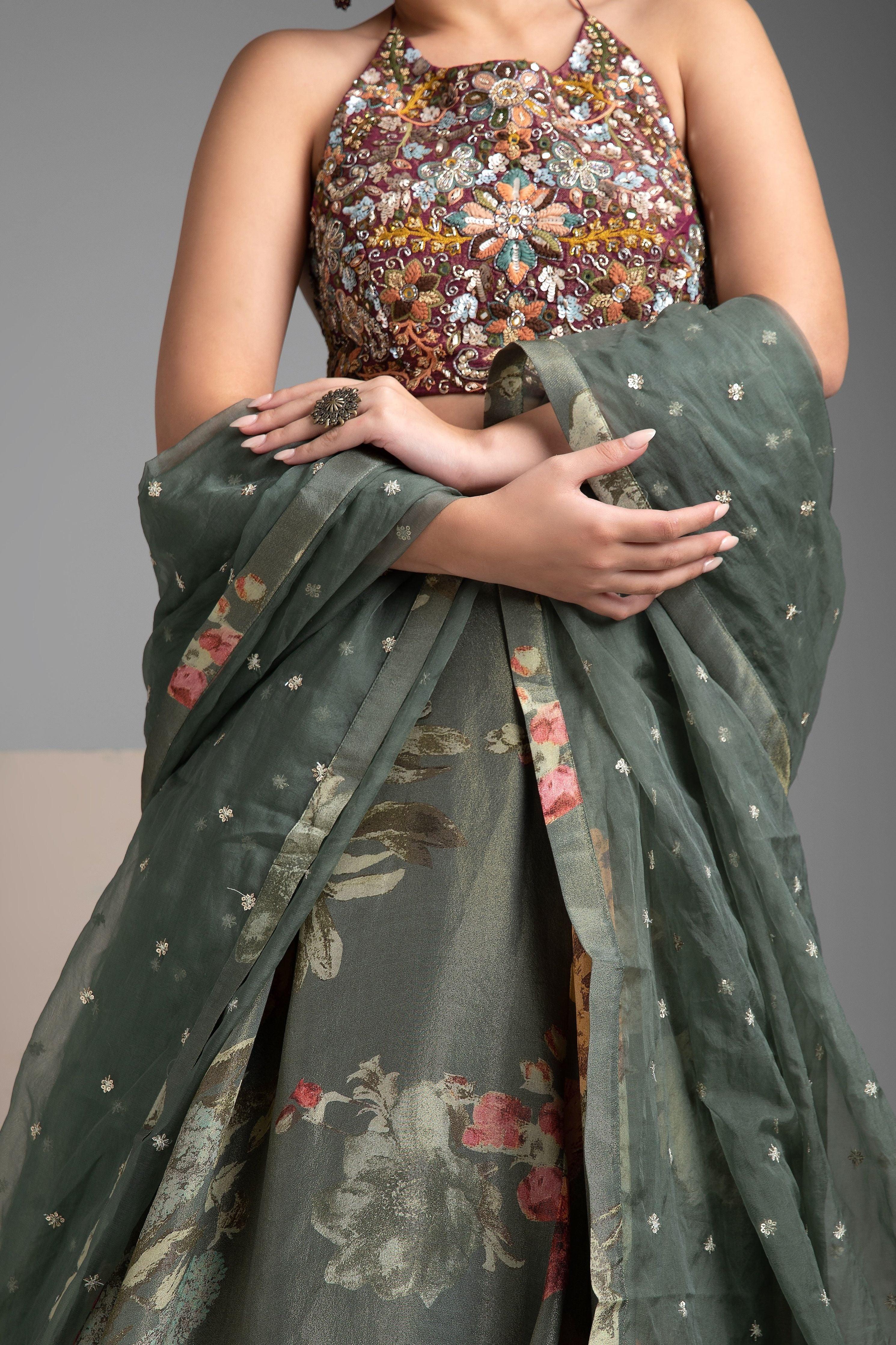 Olive Green Floral Halter-Neck Lehenga Set - Mokshaa
