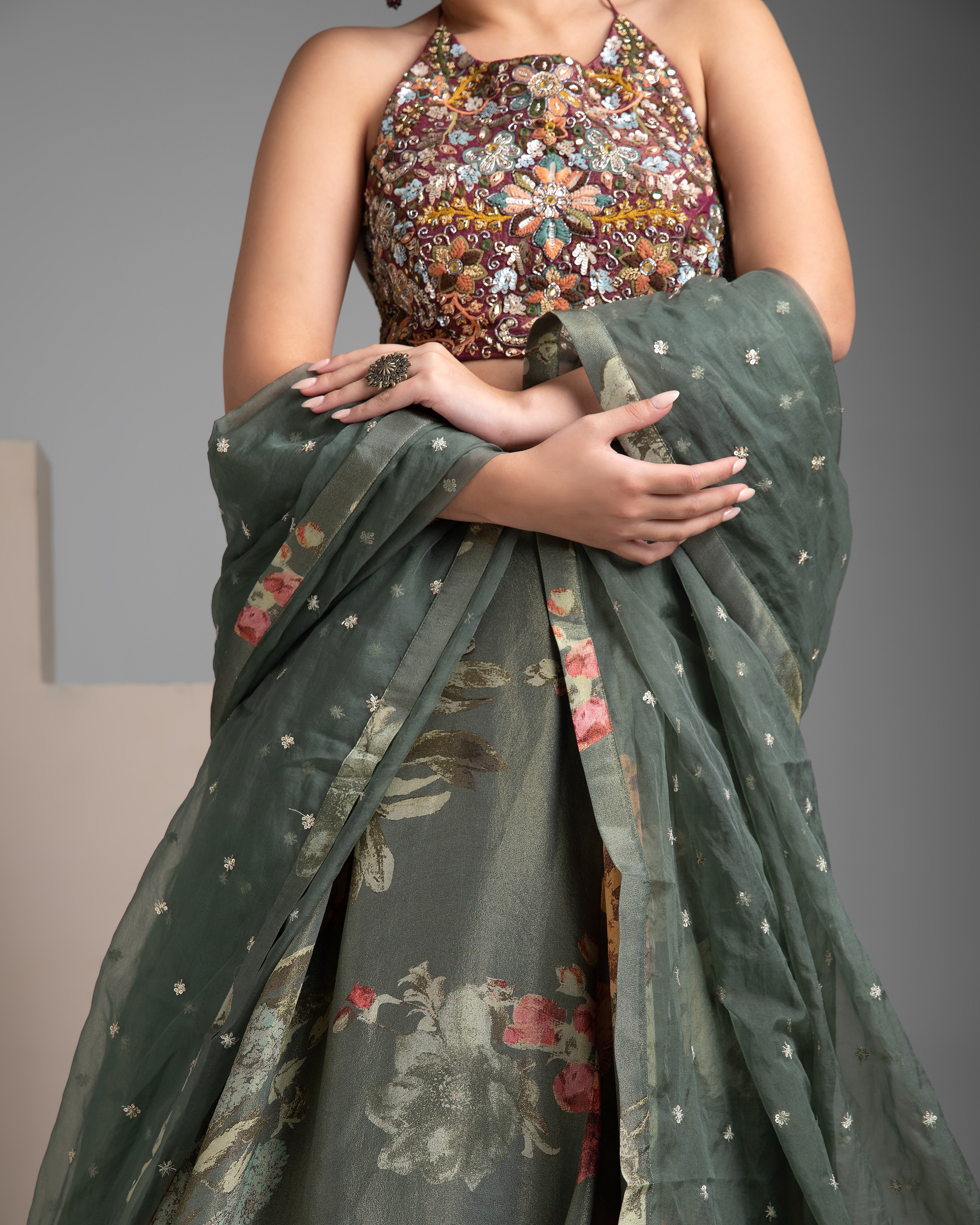 Olive Green Floral Halter-Neck Lehenga Set - Mokshaa