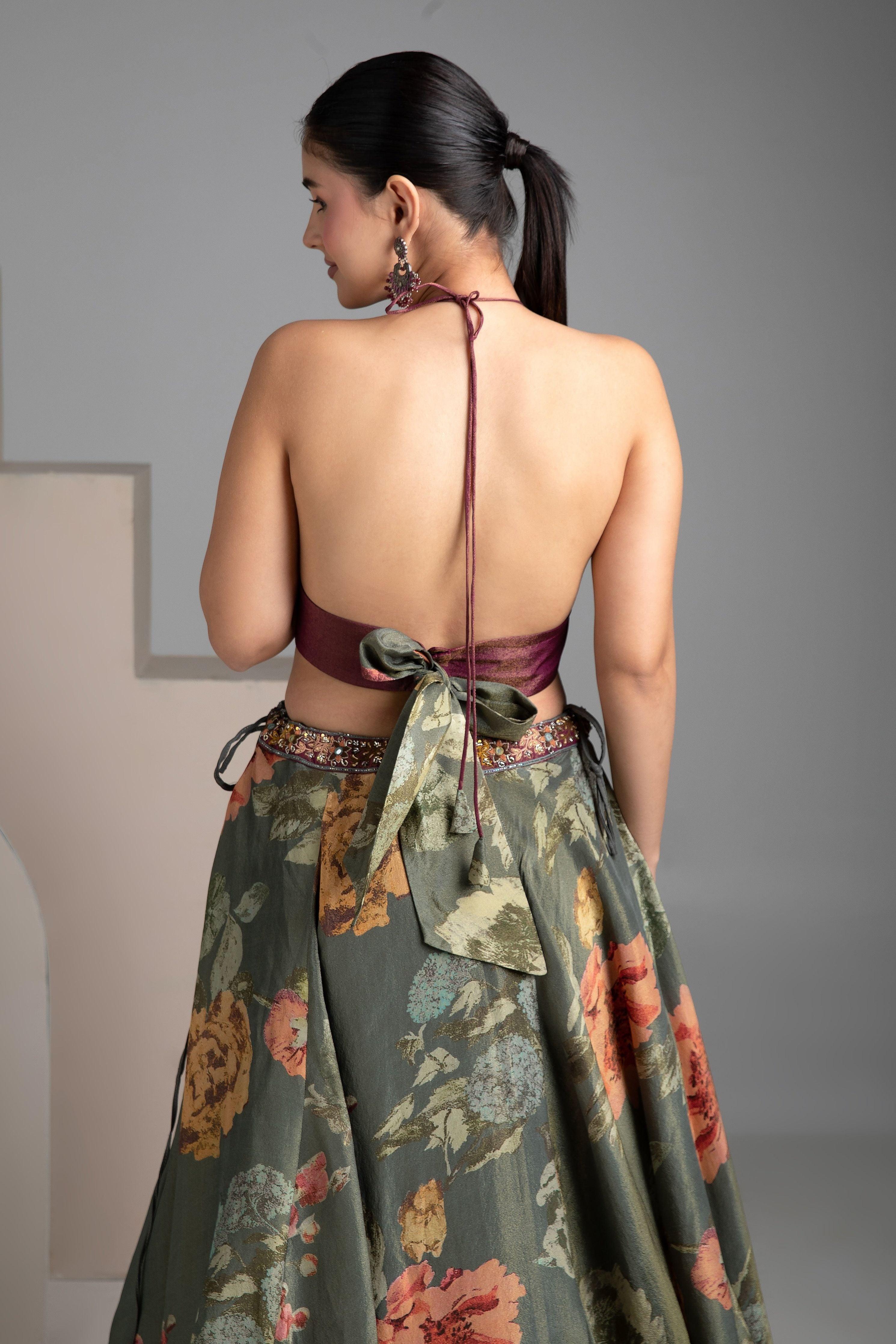 Olive Green Floral Halter-Neck Lehenga Set - Mokshaa