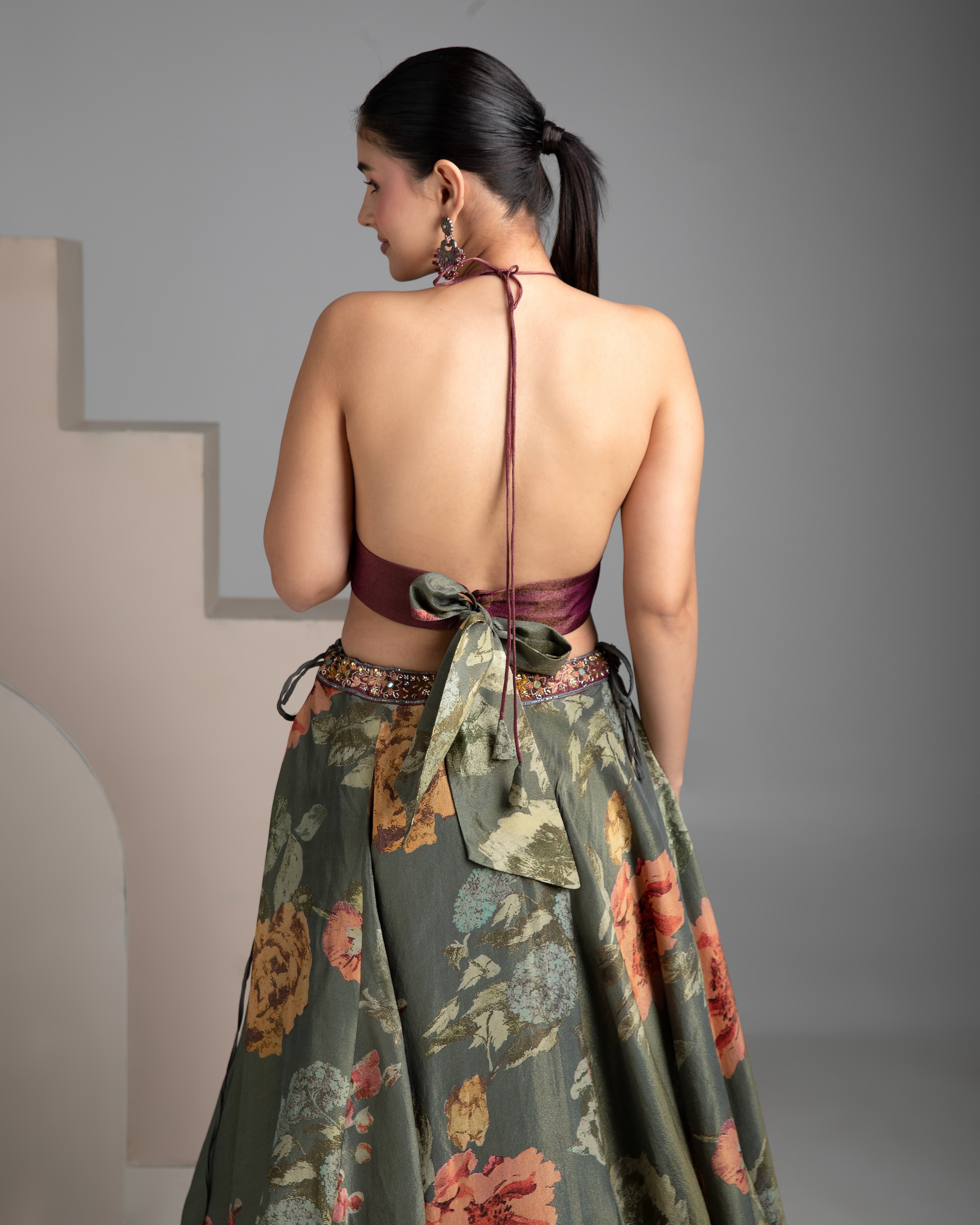 Olive Green Floral Halter-Neck Lehenga Set - Mokshaa