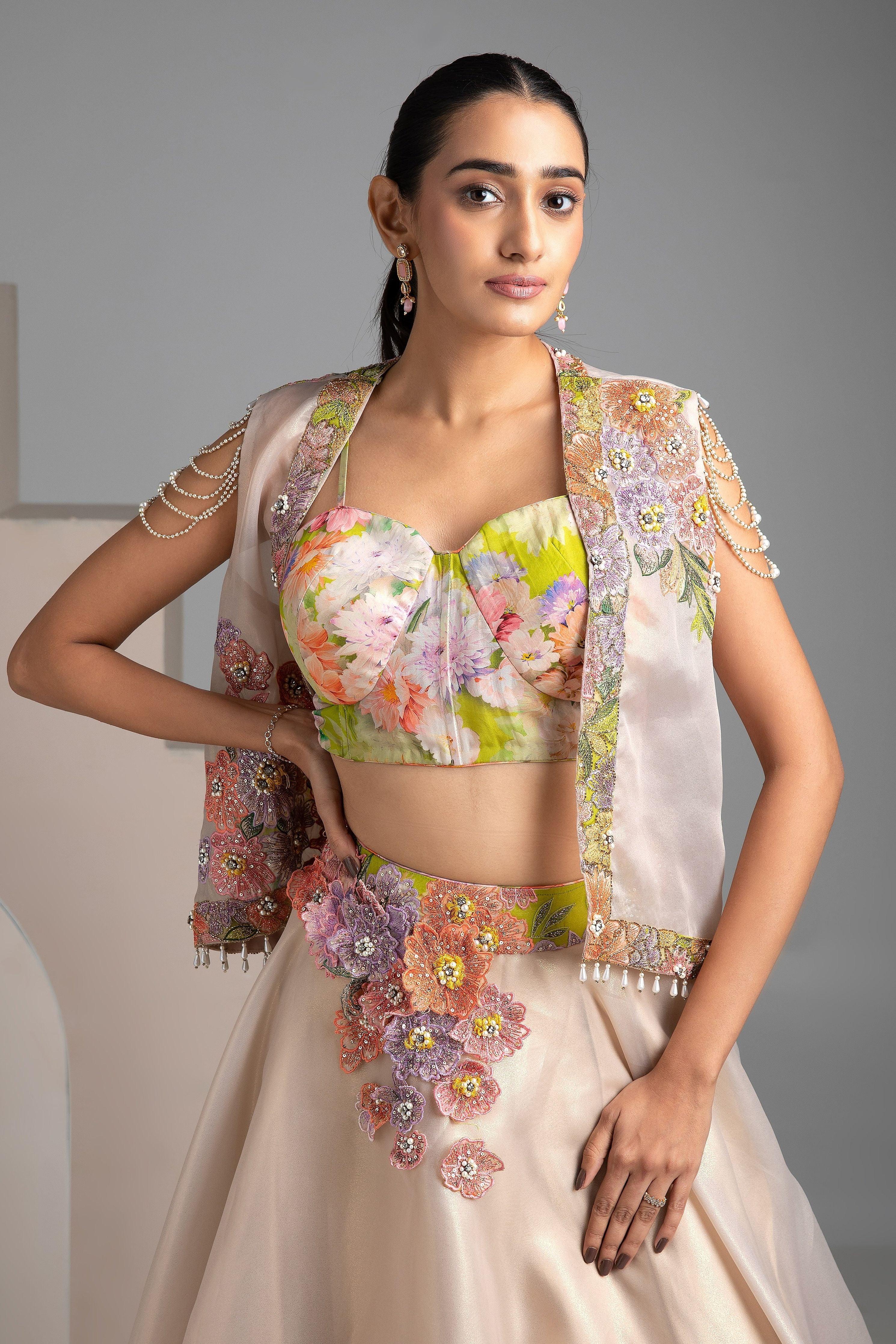 Elegant Floral Embroidered Beige Lehenga Set - Mokshaa