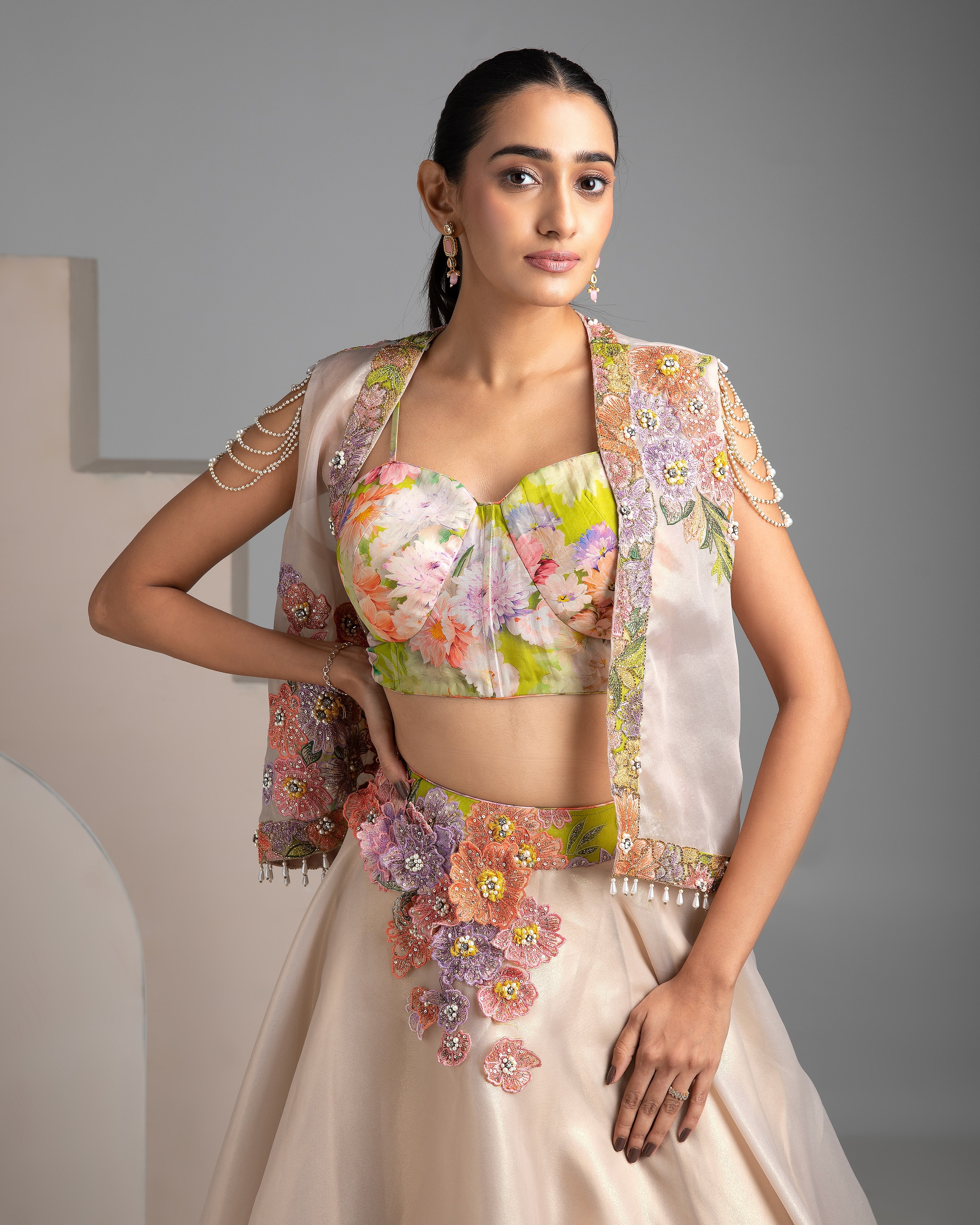 Elegant Floral Embroidered Beige Lehenga Set - Mokshaa