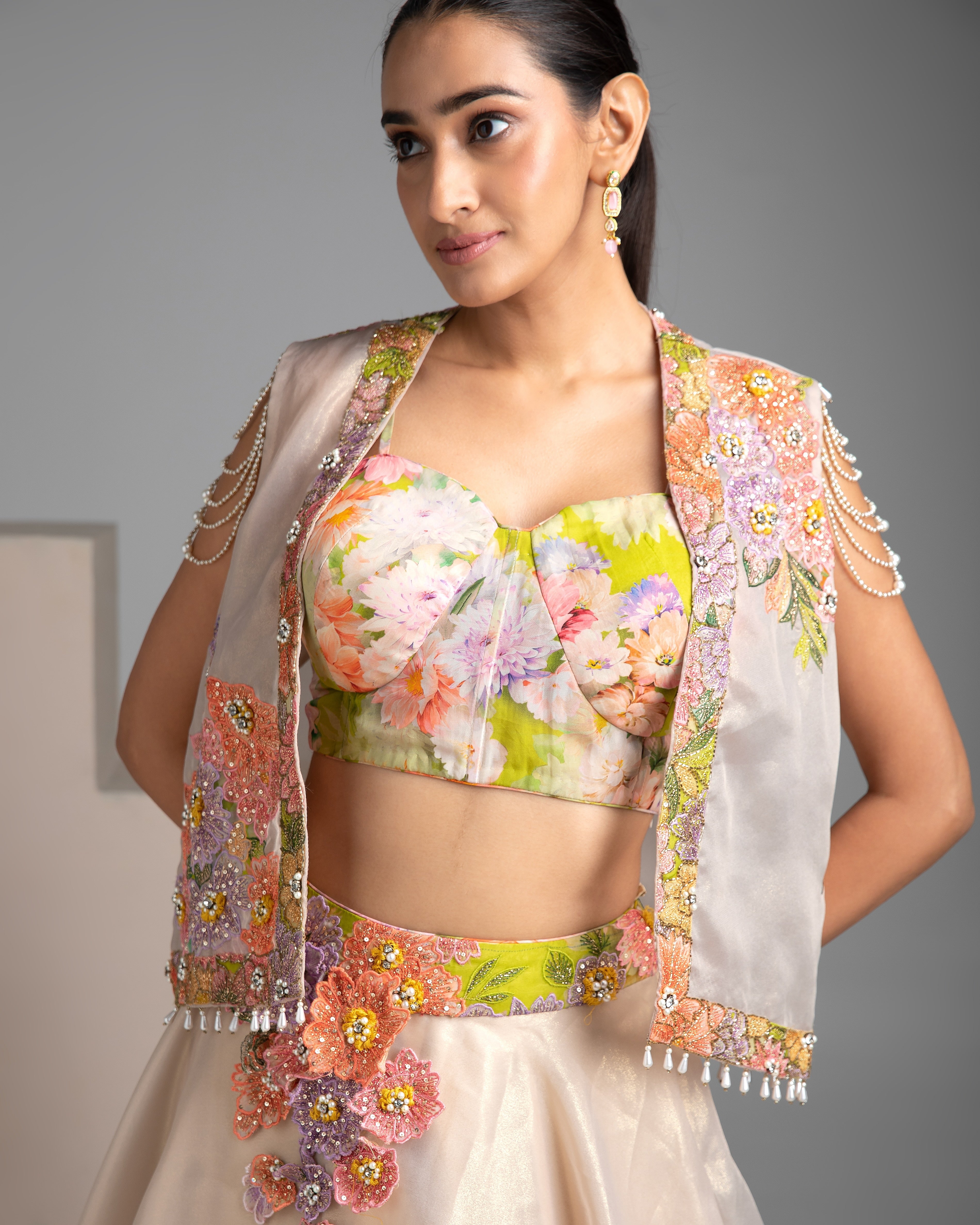 Elegant Floral Embroidered Beige Lehenga Set - Mokshaa