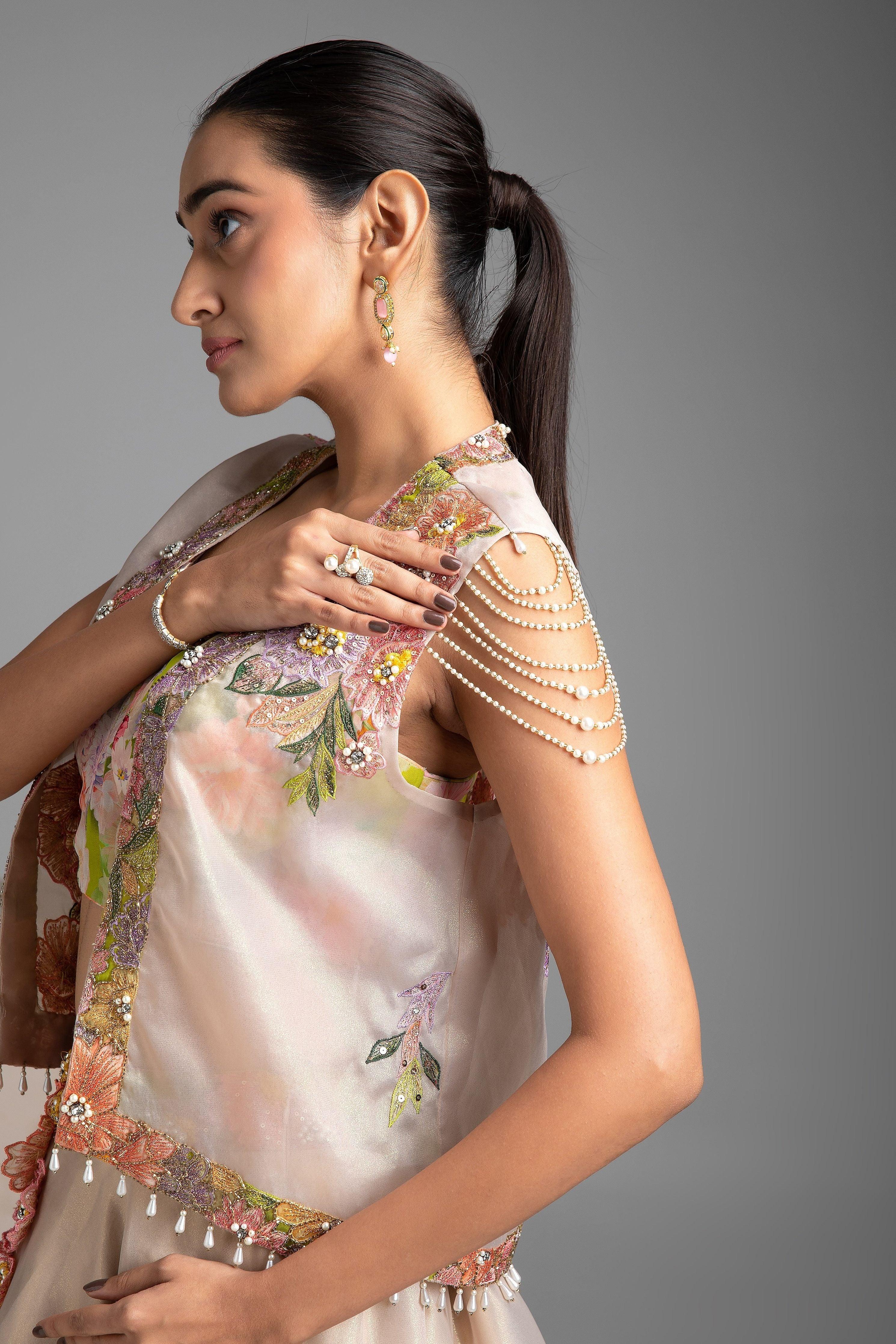 Elegant Floral Embroidered Beige Lehenga Set - Mokshaa