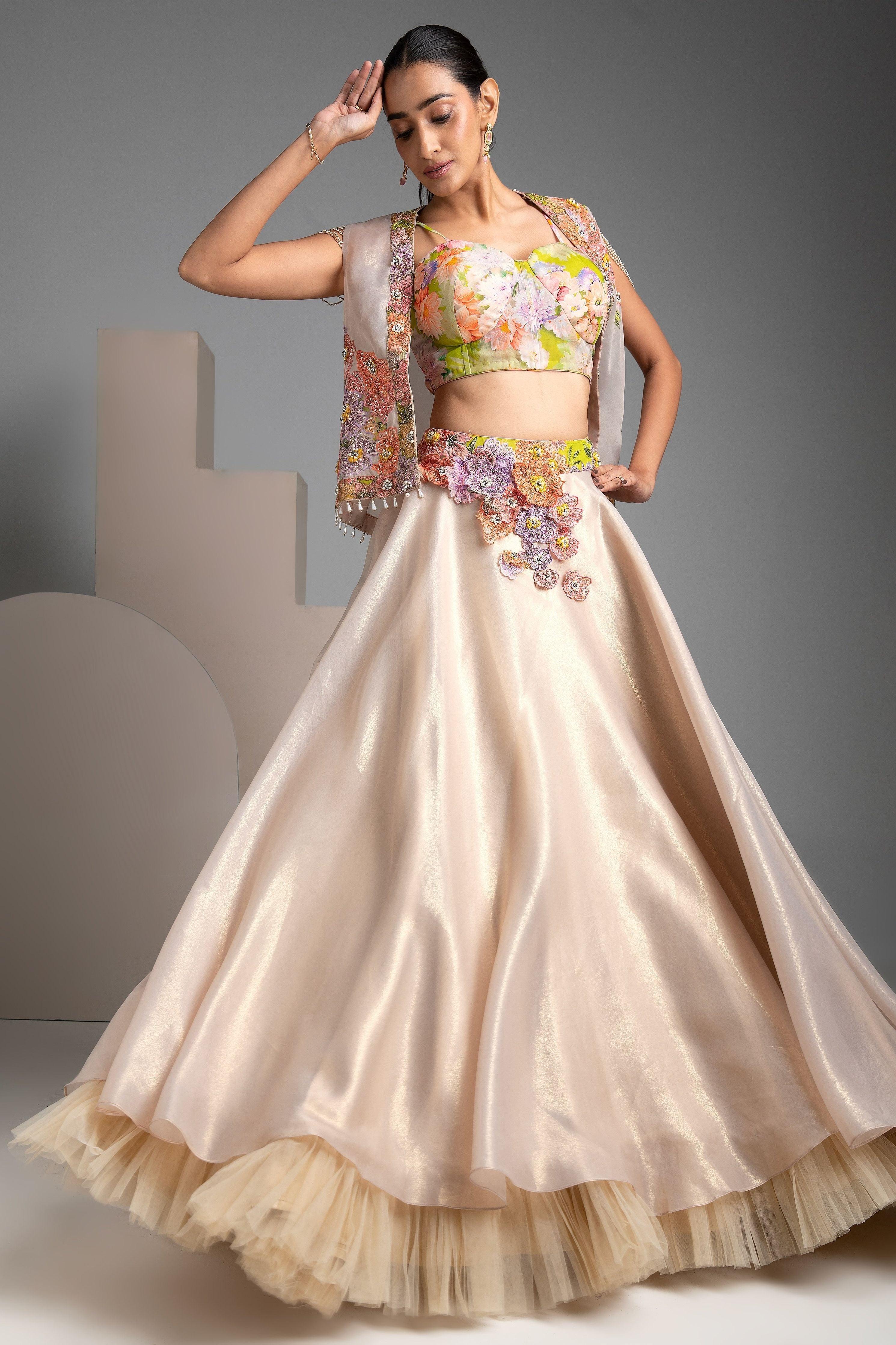 Elegant Floral Embroidered Beige Lehenga Set - Mokshaa