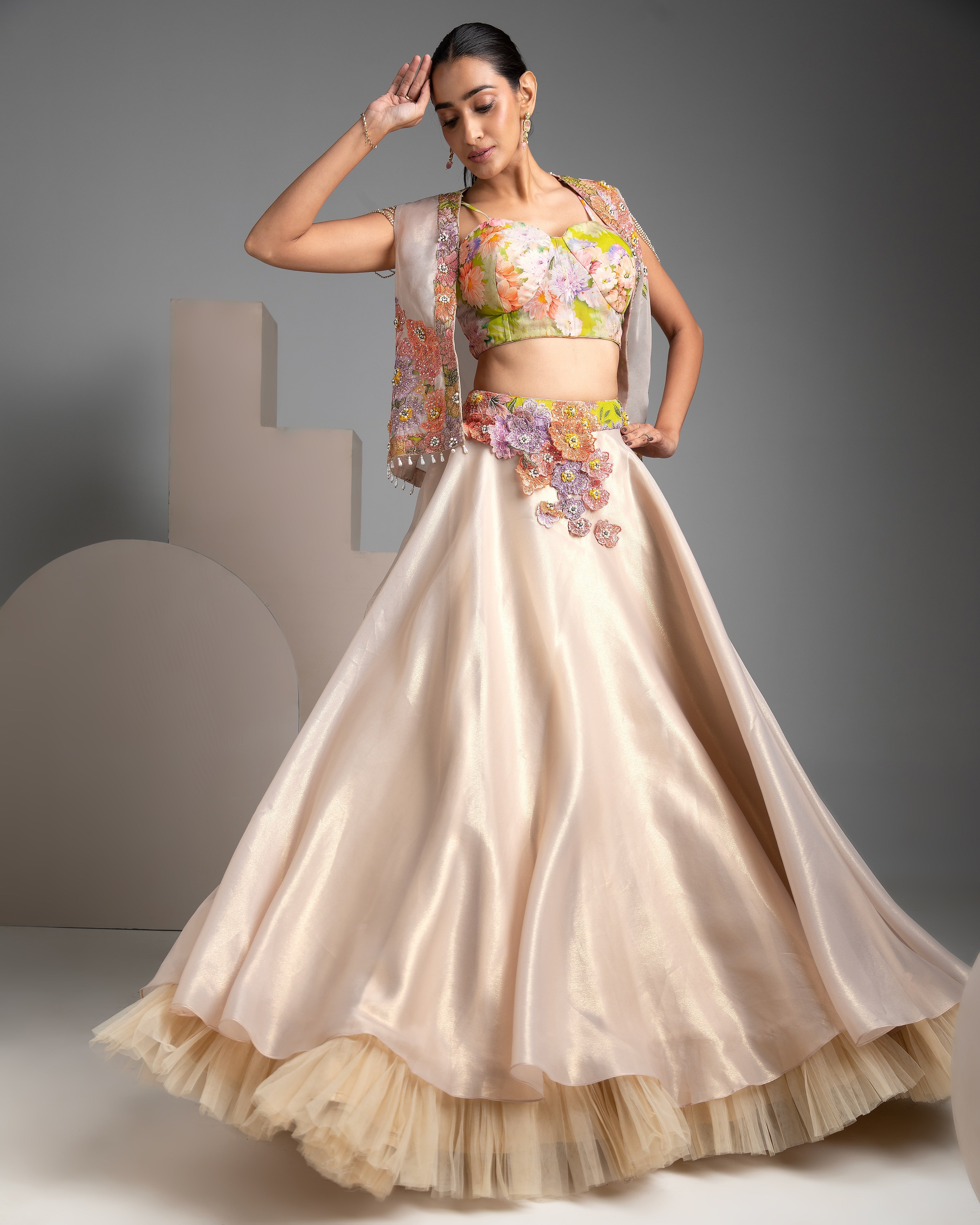 Elegant Floral Embroidered Beige Lehenga Set - Mokshaa