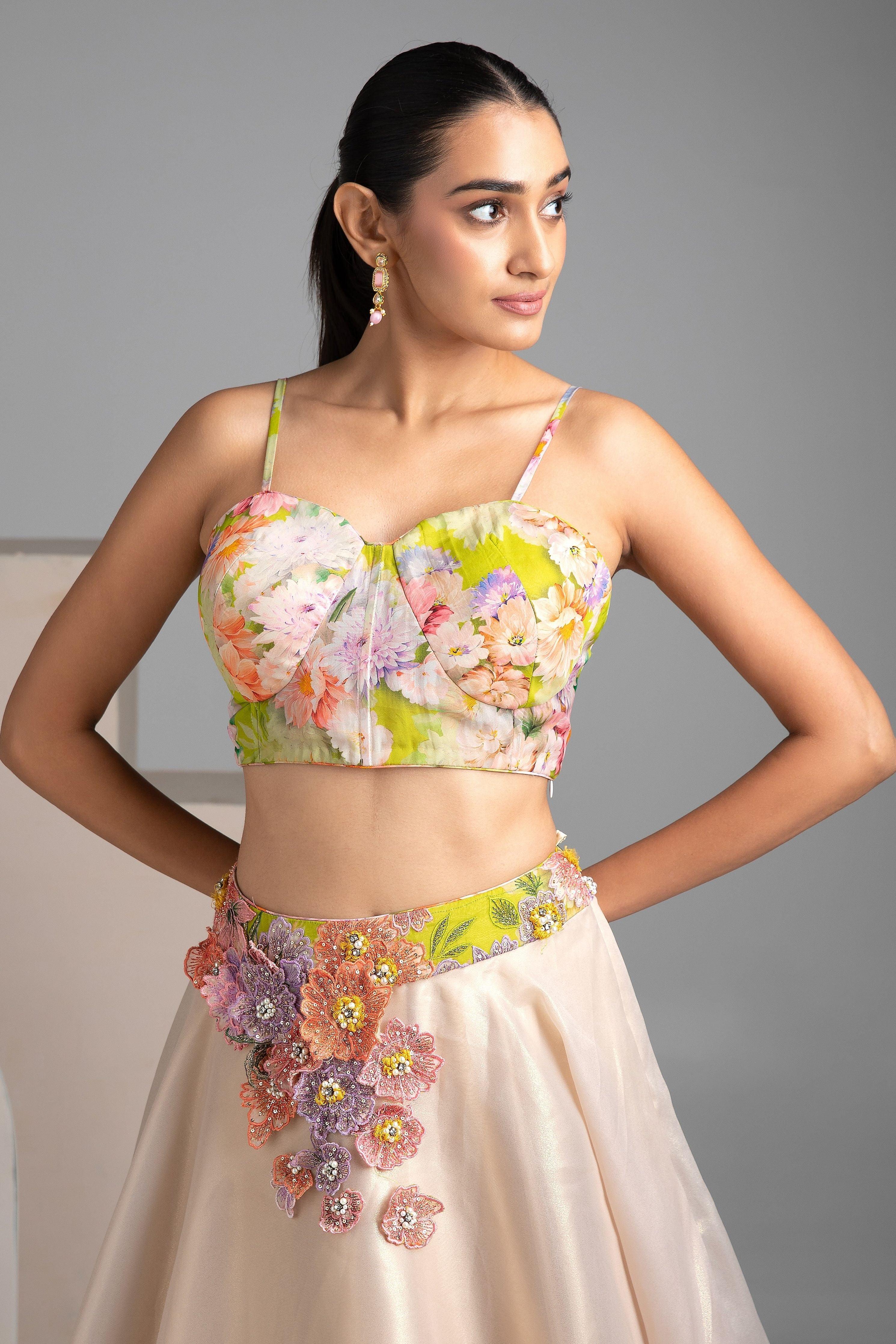 Elegant Floral Embroidered Beige Lehenga Set - Mokshaa