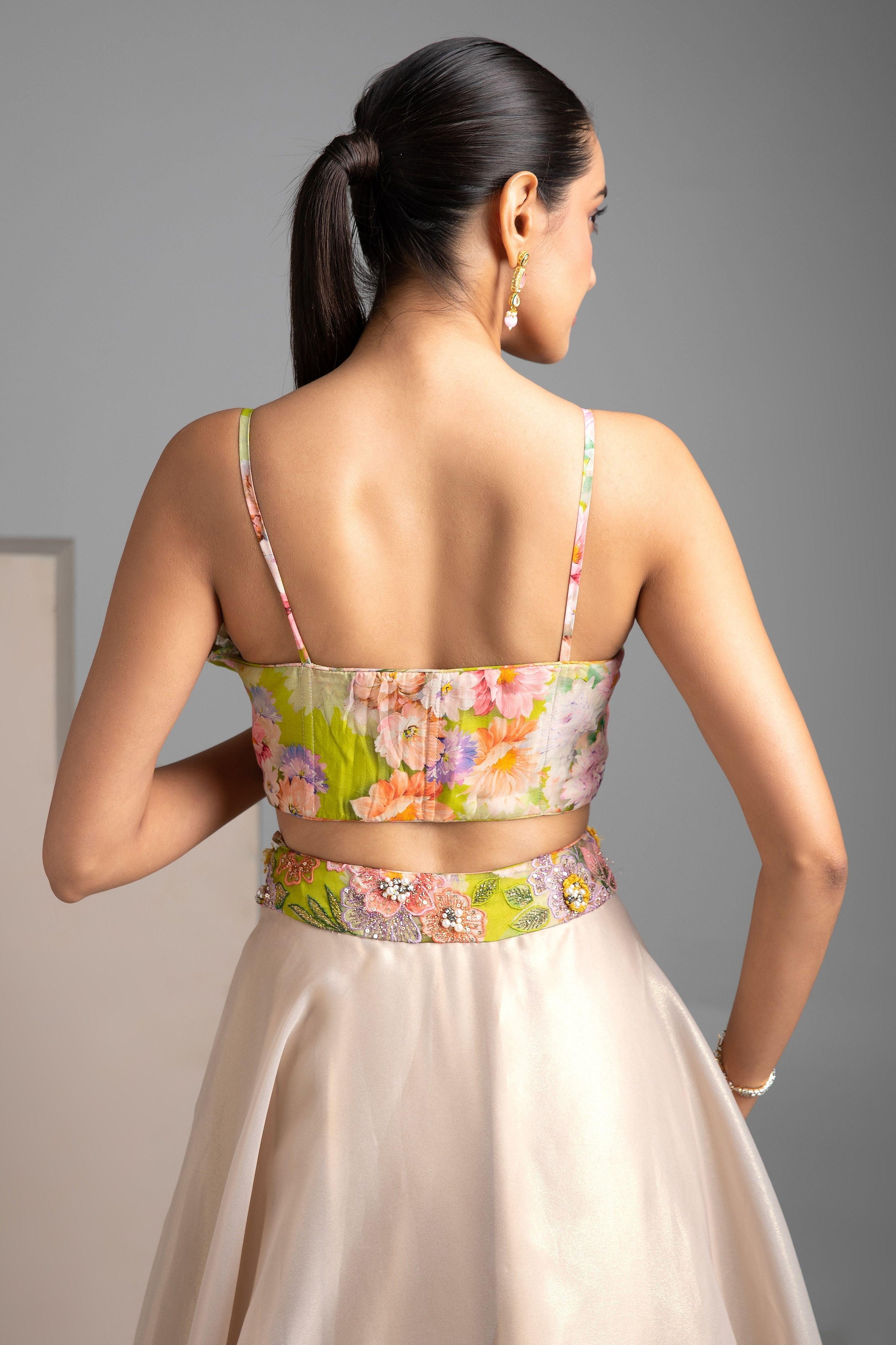 Elegant Floral Embroidered Beige Lehenga Set - Mokshaa