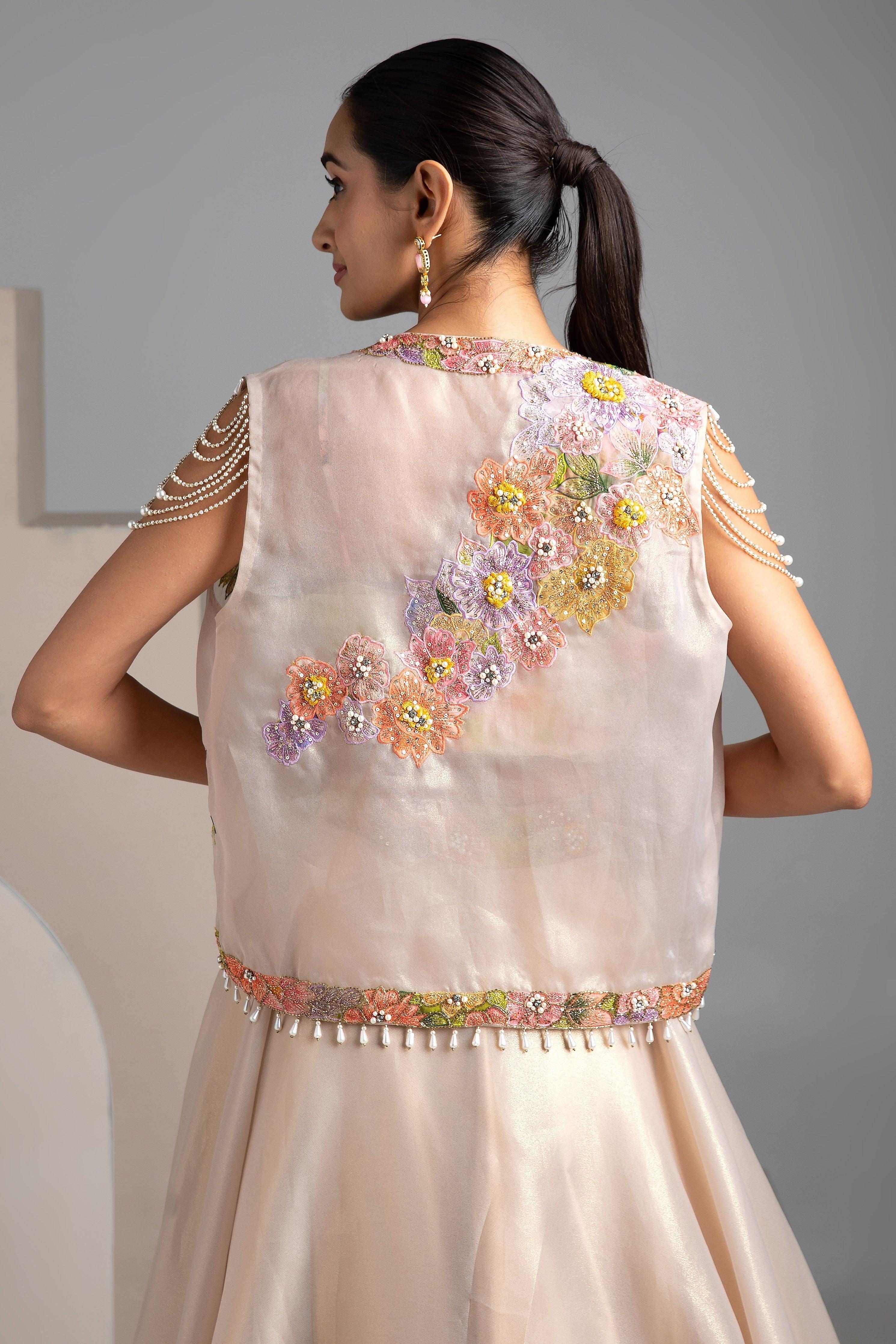 Elegant Floral Embroidered Beige Lehenga Set - Mokshaa