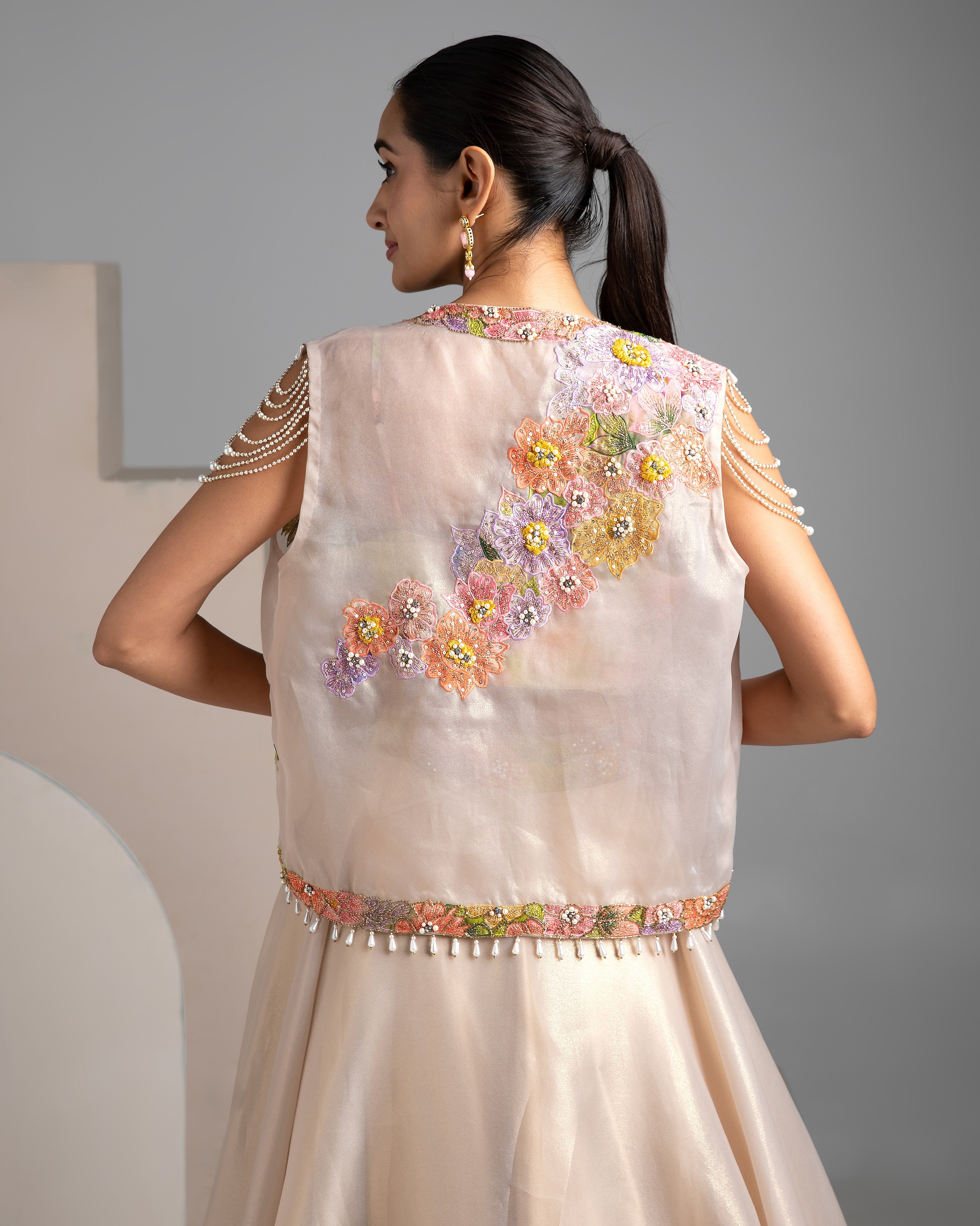 Elegant Floral Embroidered Beige Lehenga Set - Mokshaa