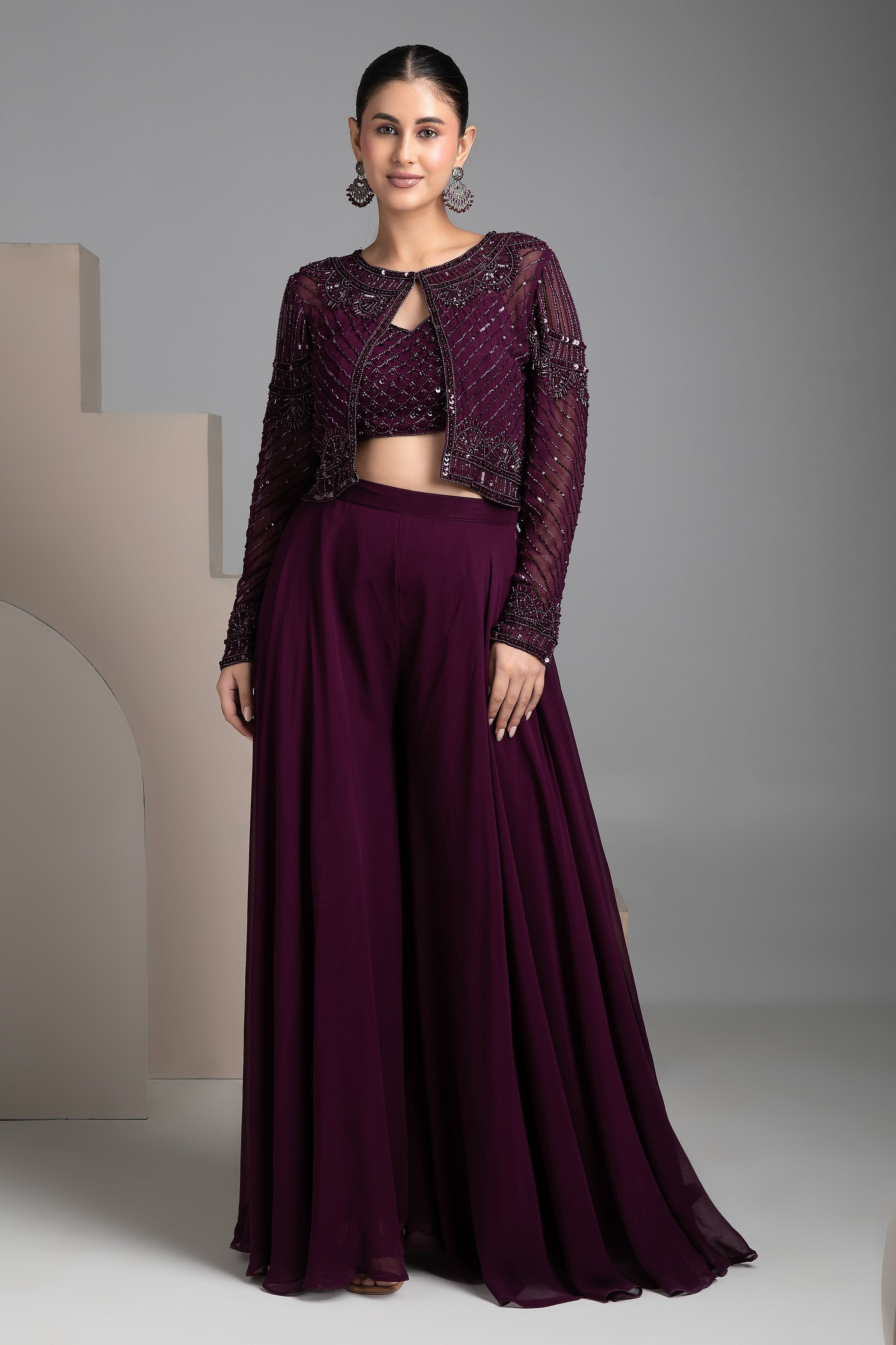 Maroon Palazzo Set with Cape - Mokshaa