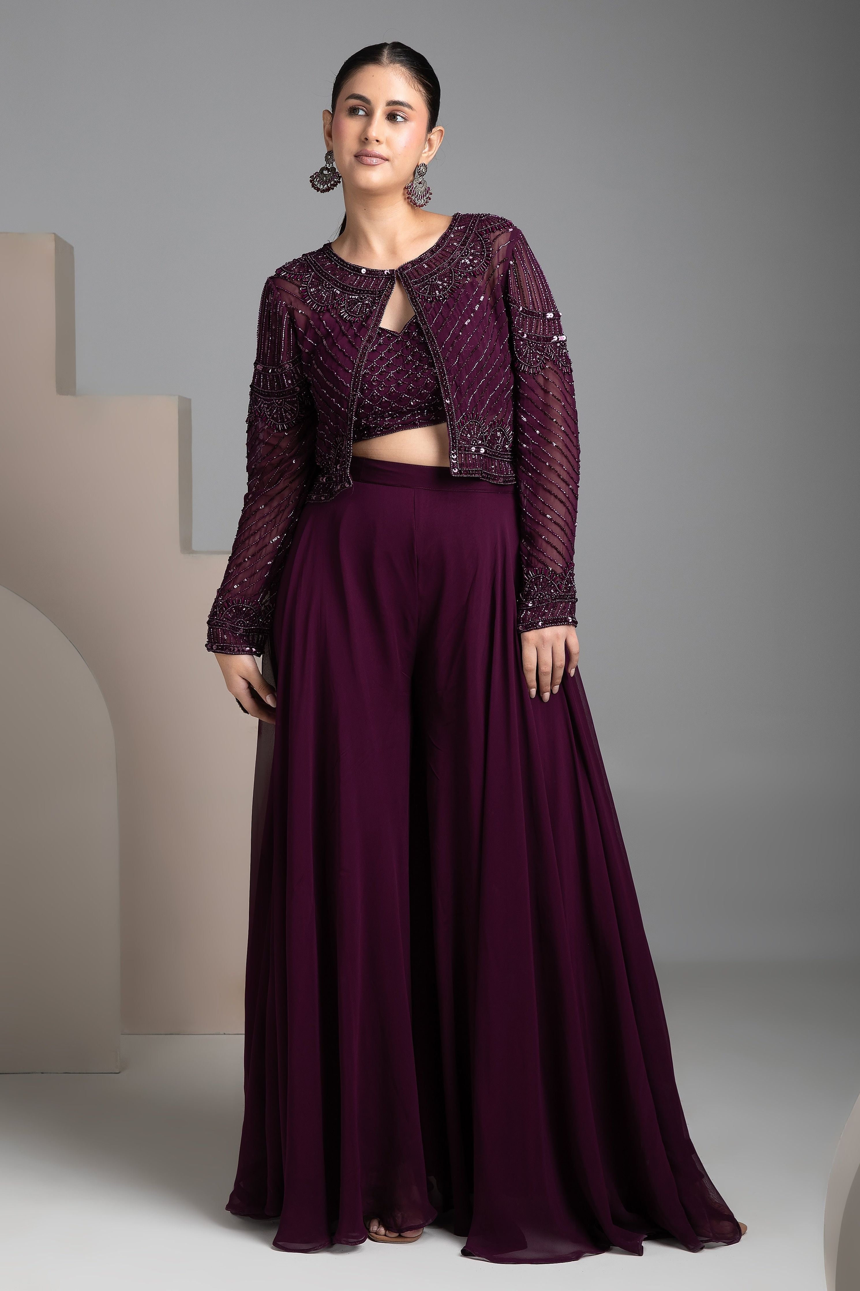 Maroon Palazzo Set with Cape - Mokshaa