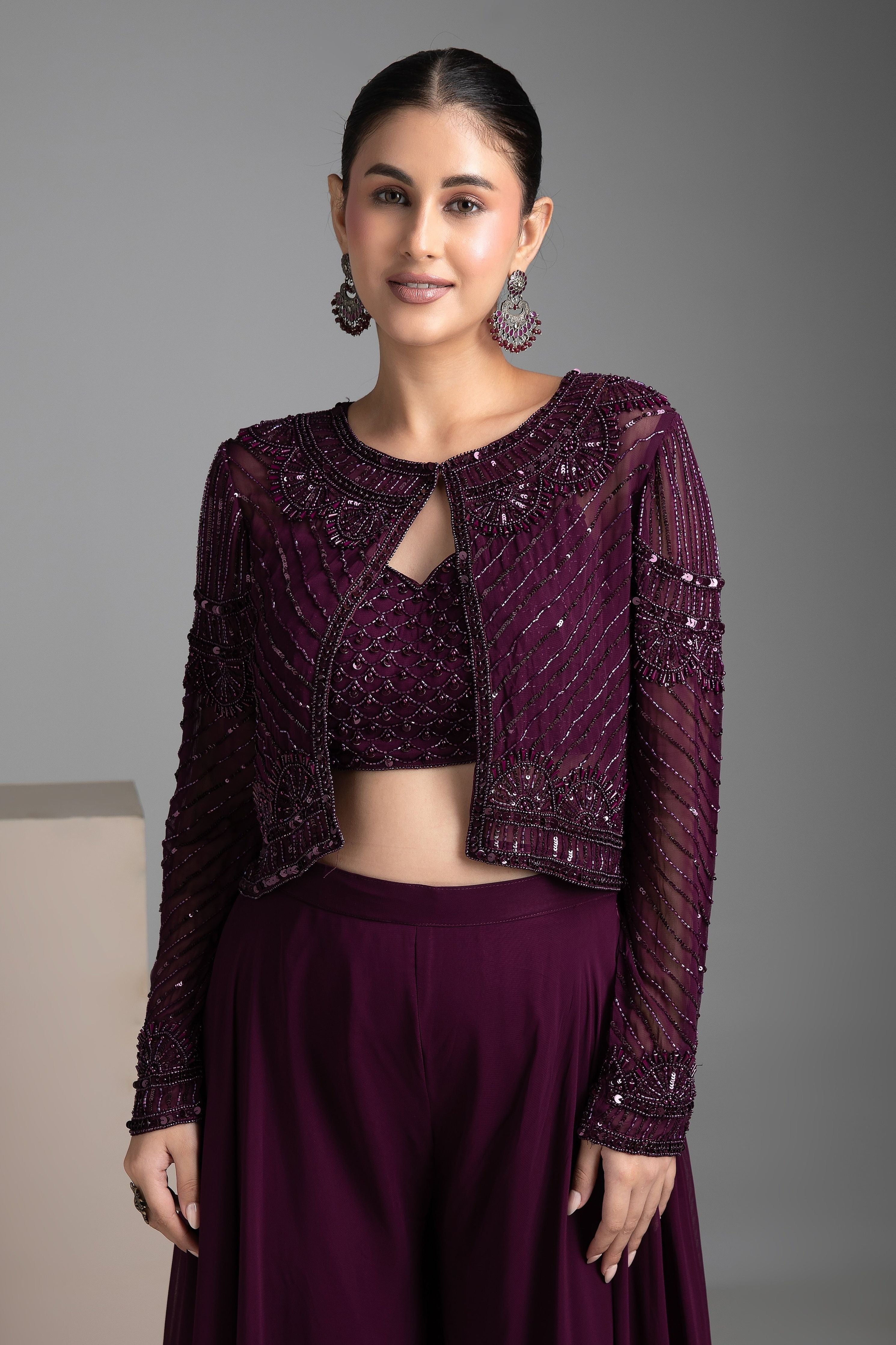 Maroon Palazzo Set with Cape - Mokshaa
