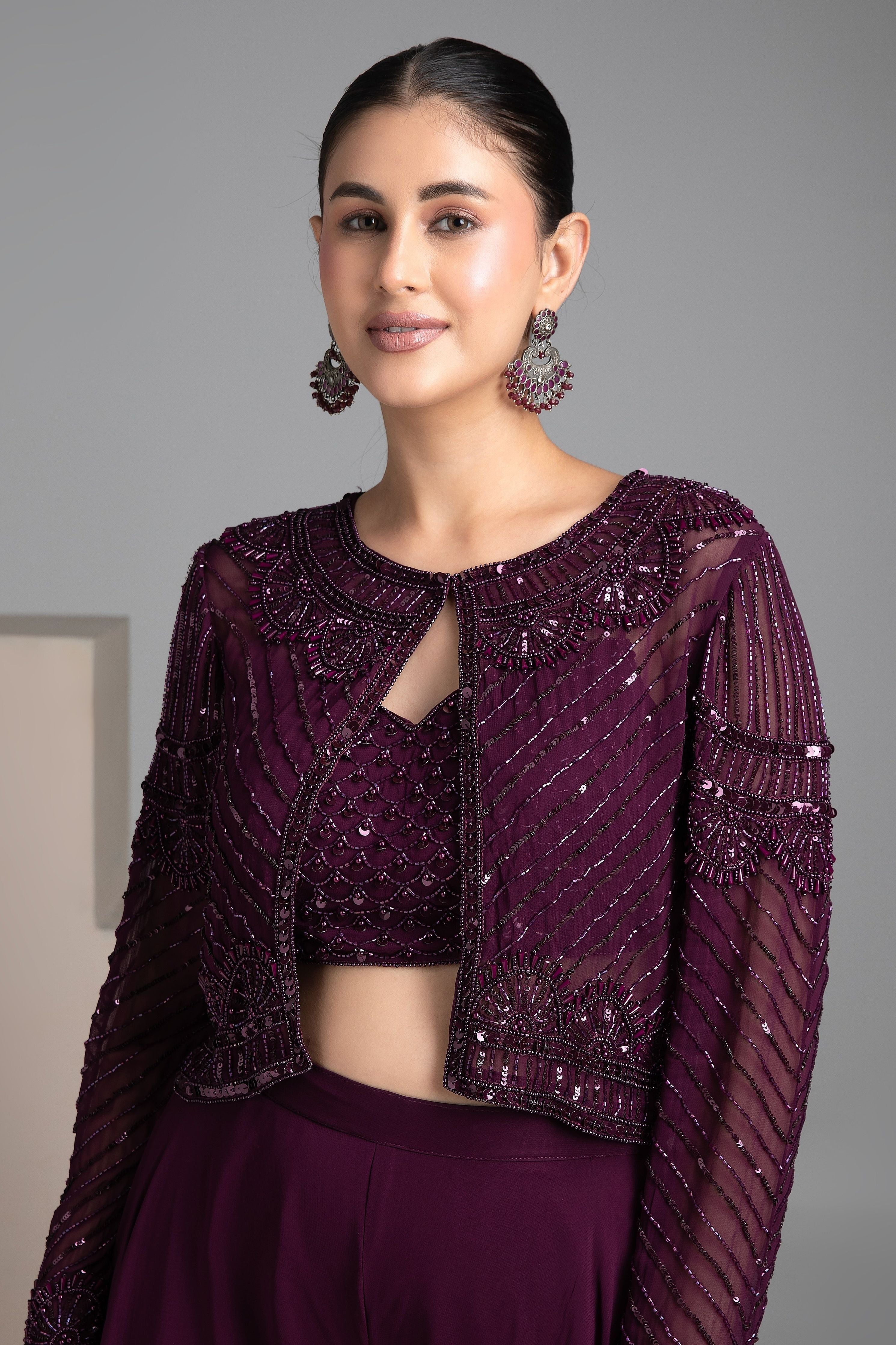 Maroon Palazzo Set with Cape - Mokshaa