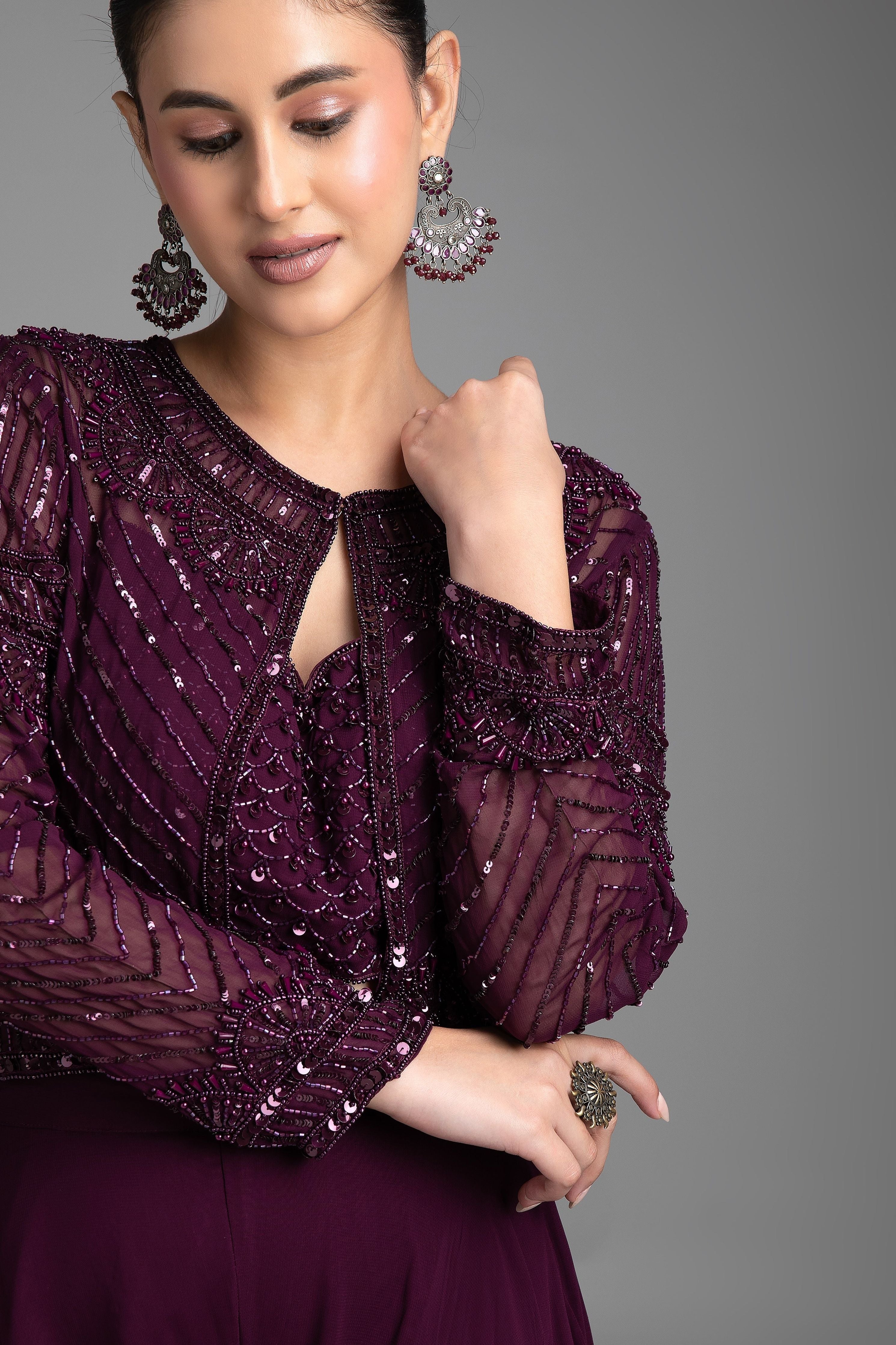 Maroon Palazzo Set with Cape - Mokshaa