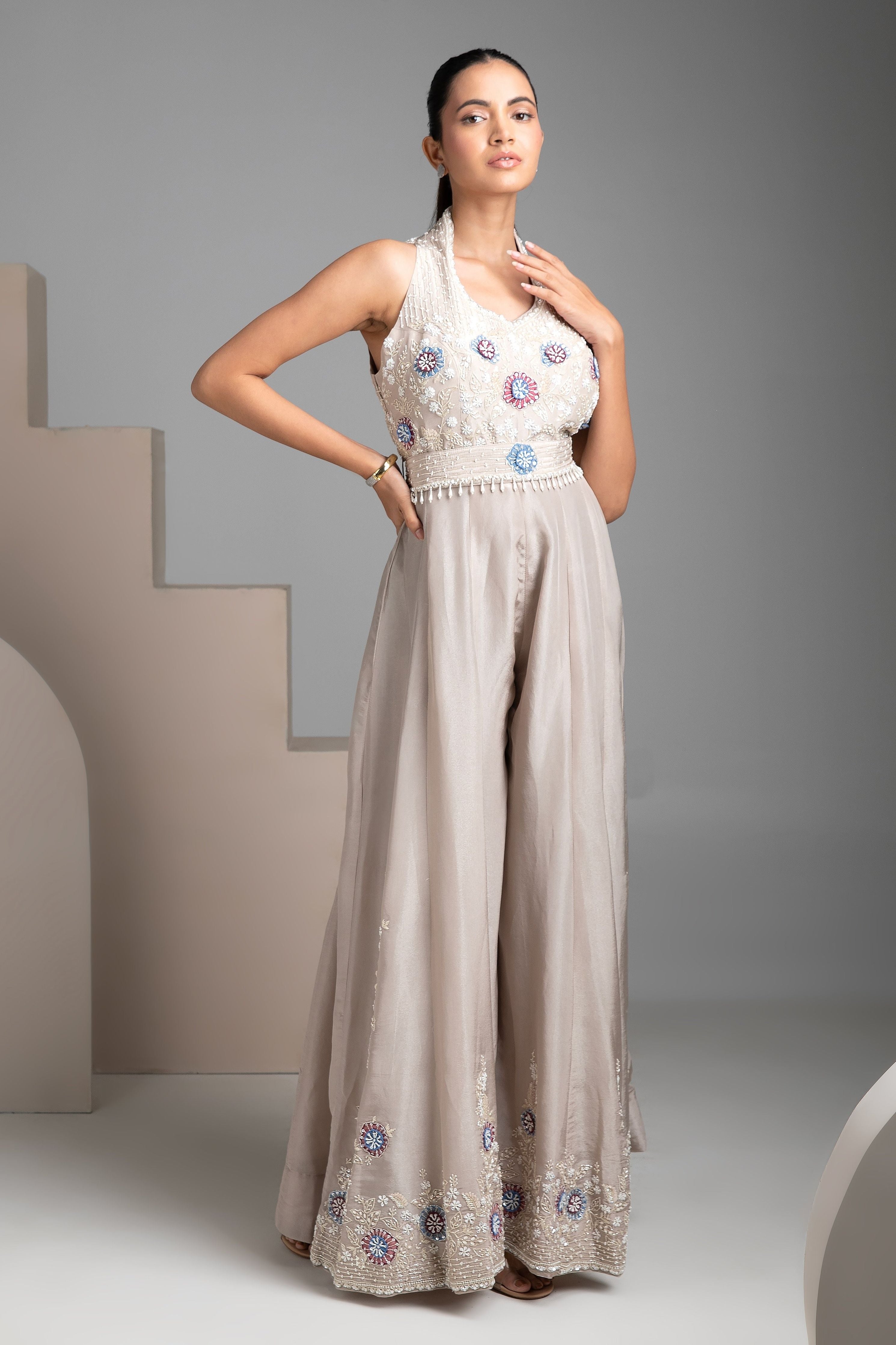 Grey Halter Collar Flared Jumpsuit - Mokshaa