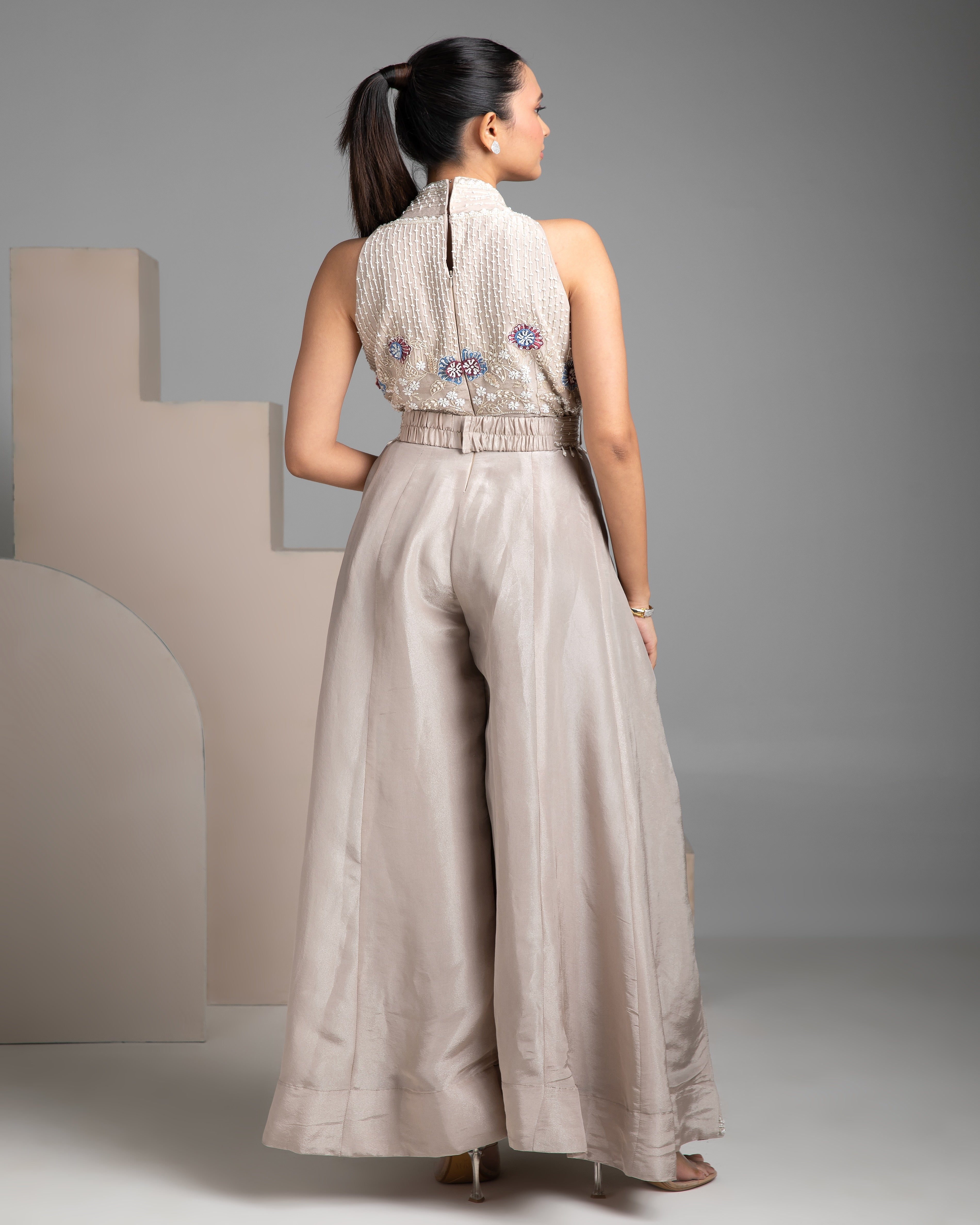 Grey Halter Collar Flared Jumpsuit - Mokshaa