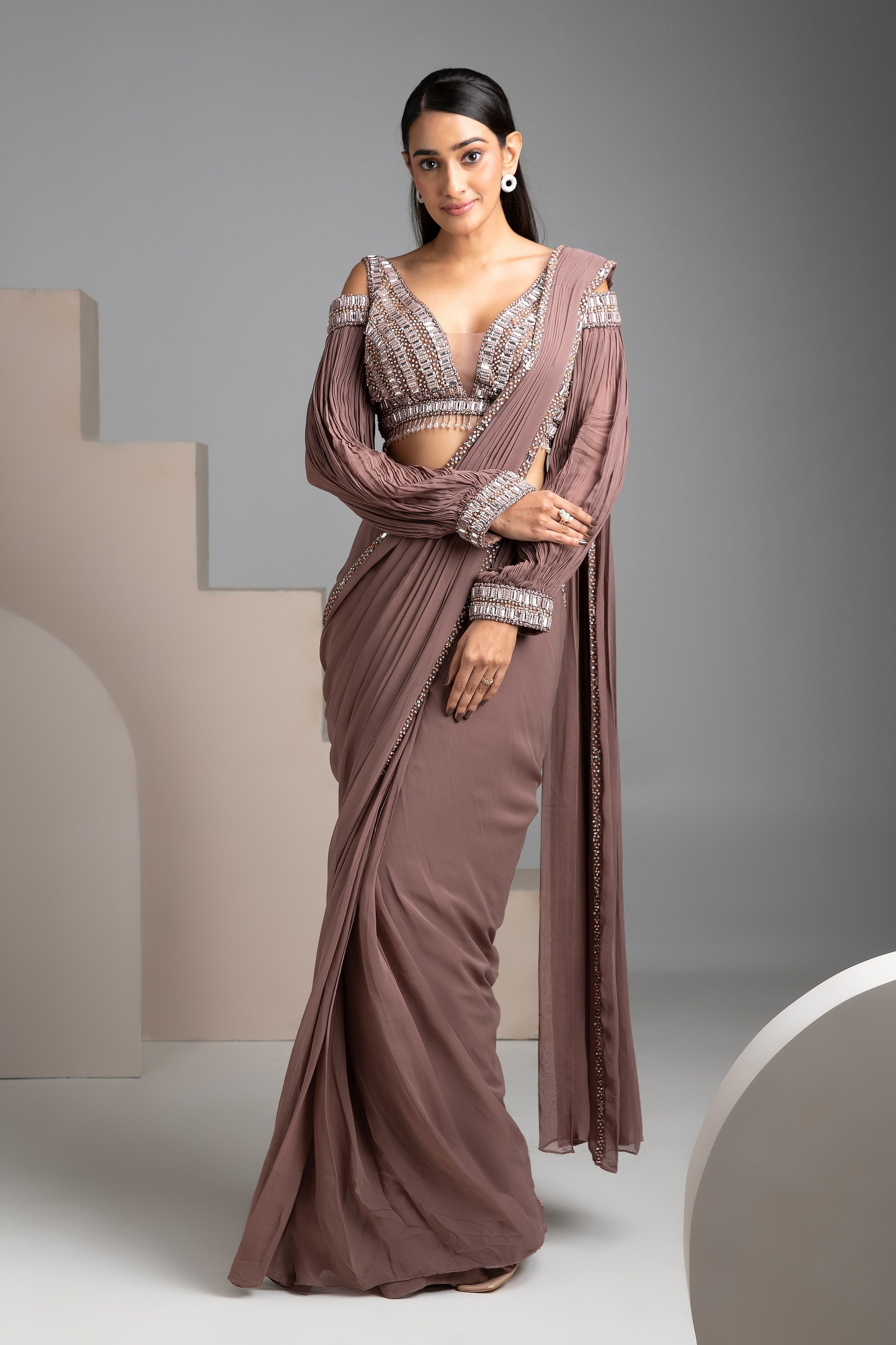 Rosy Brown Draped Saree - Mokshaa