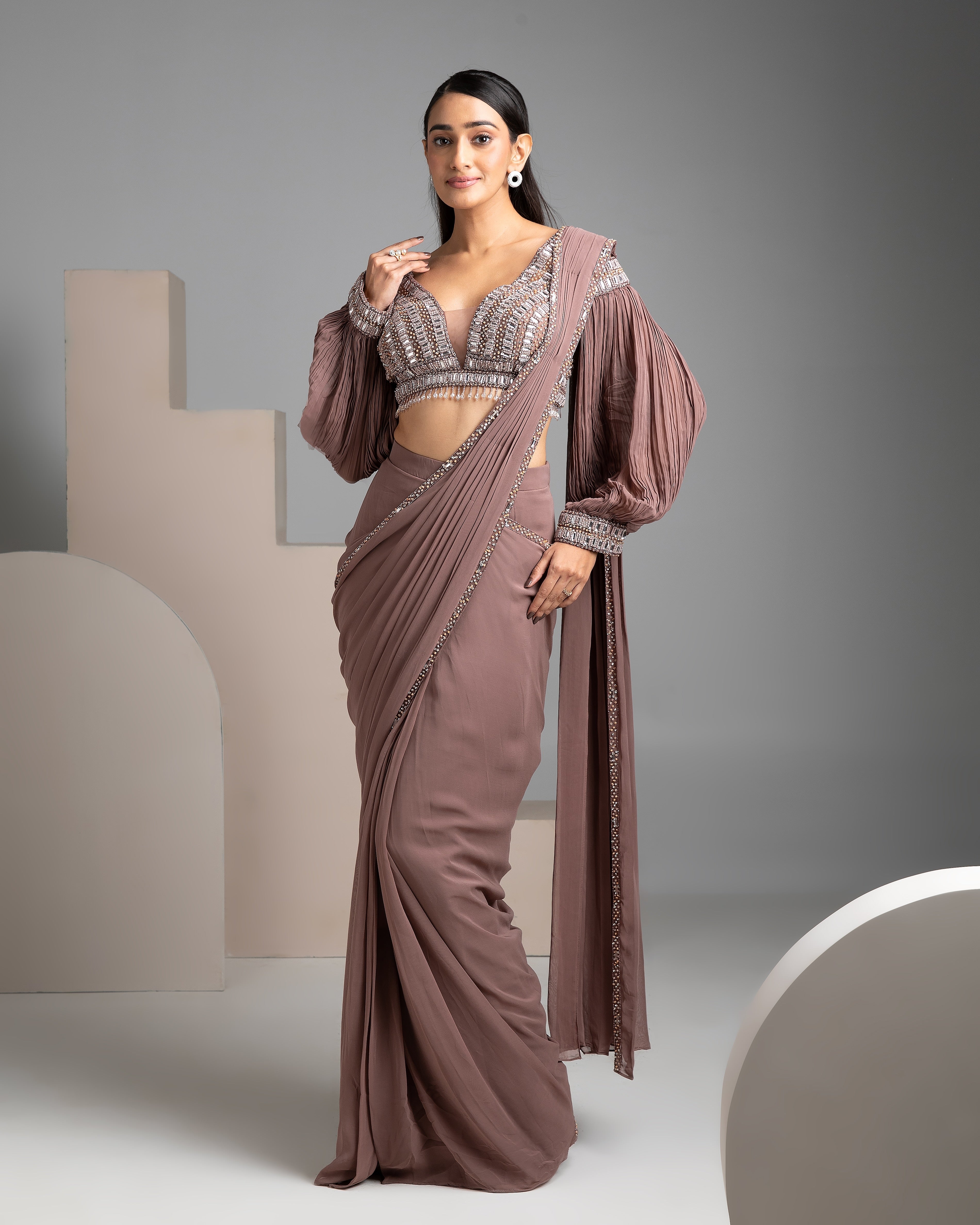 Rosy Brown Draped Saree - Mokshaa