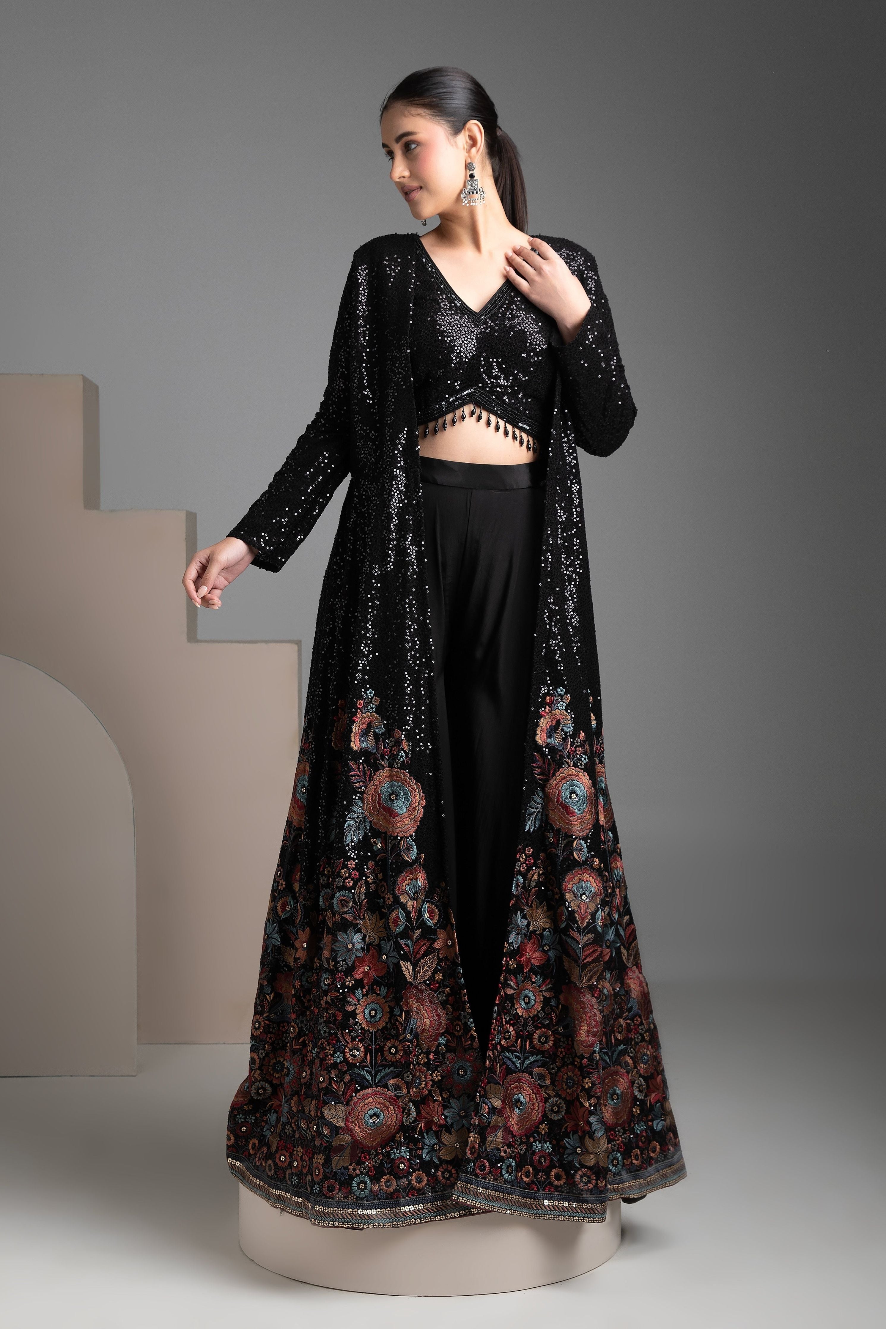 Black Georgette Indo-western Jacket Set - Mokshaa