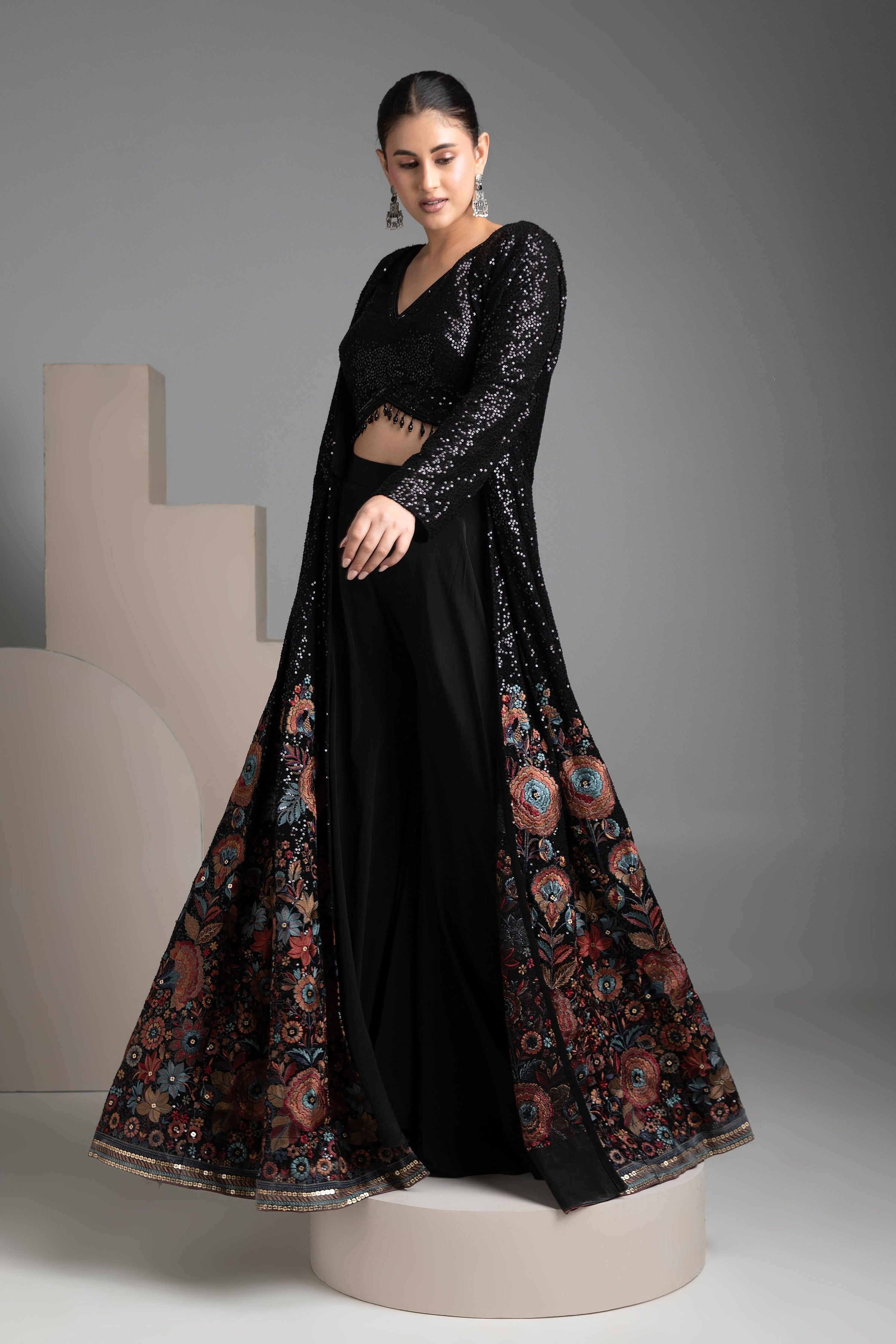Black Georgette Indo-western Jacket Set - Mokshaa