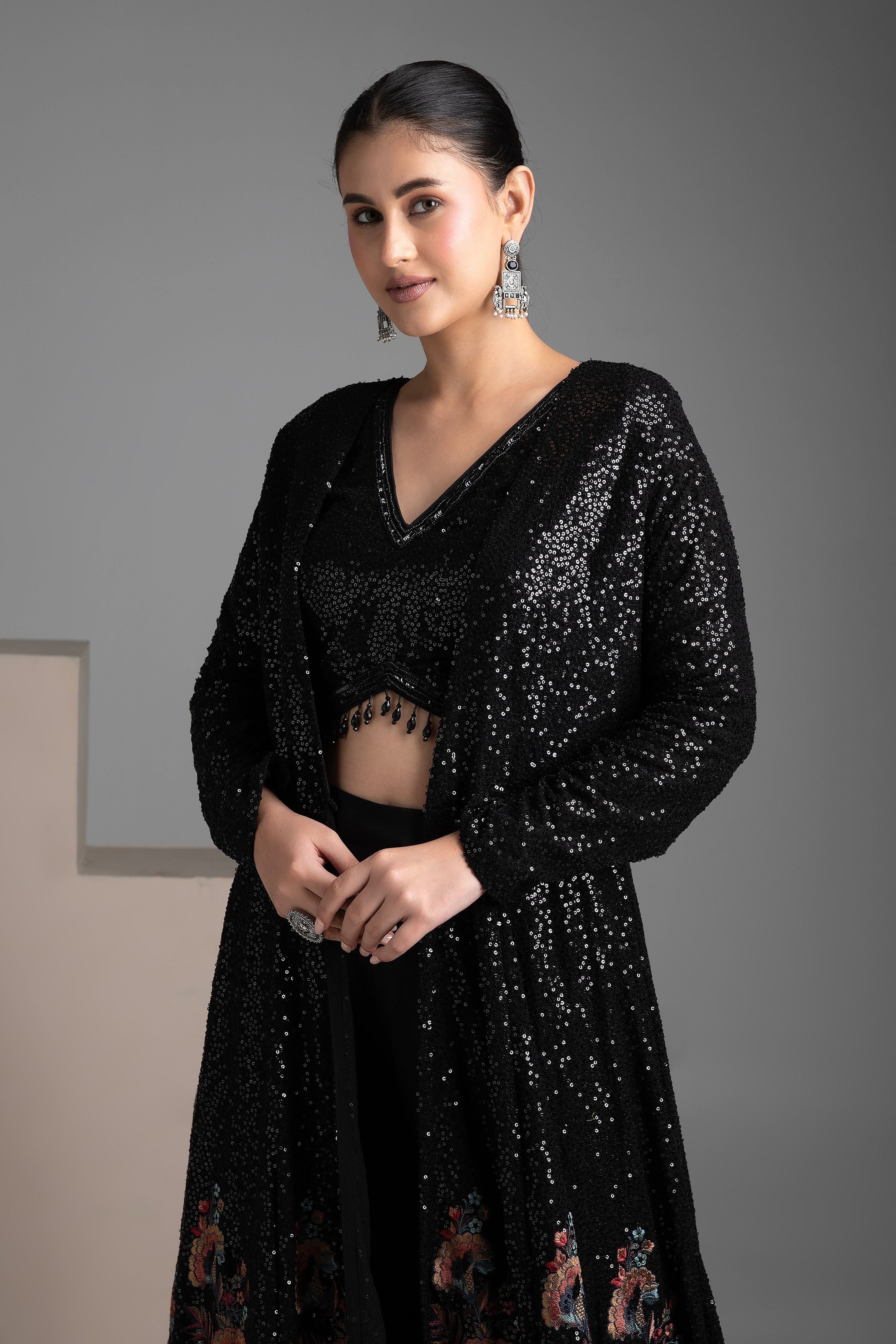 Black Georgette Indo-western Jacket Set - Mokshaa
