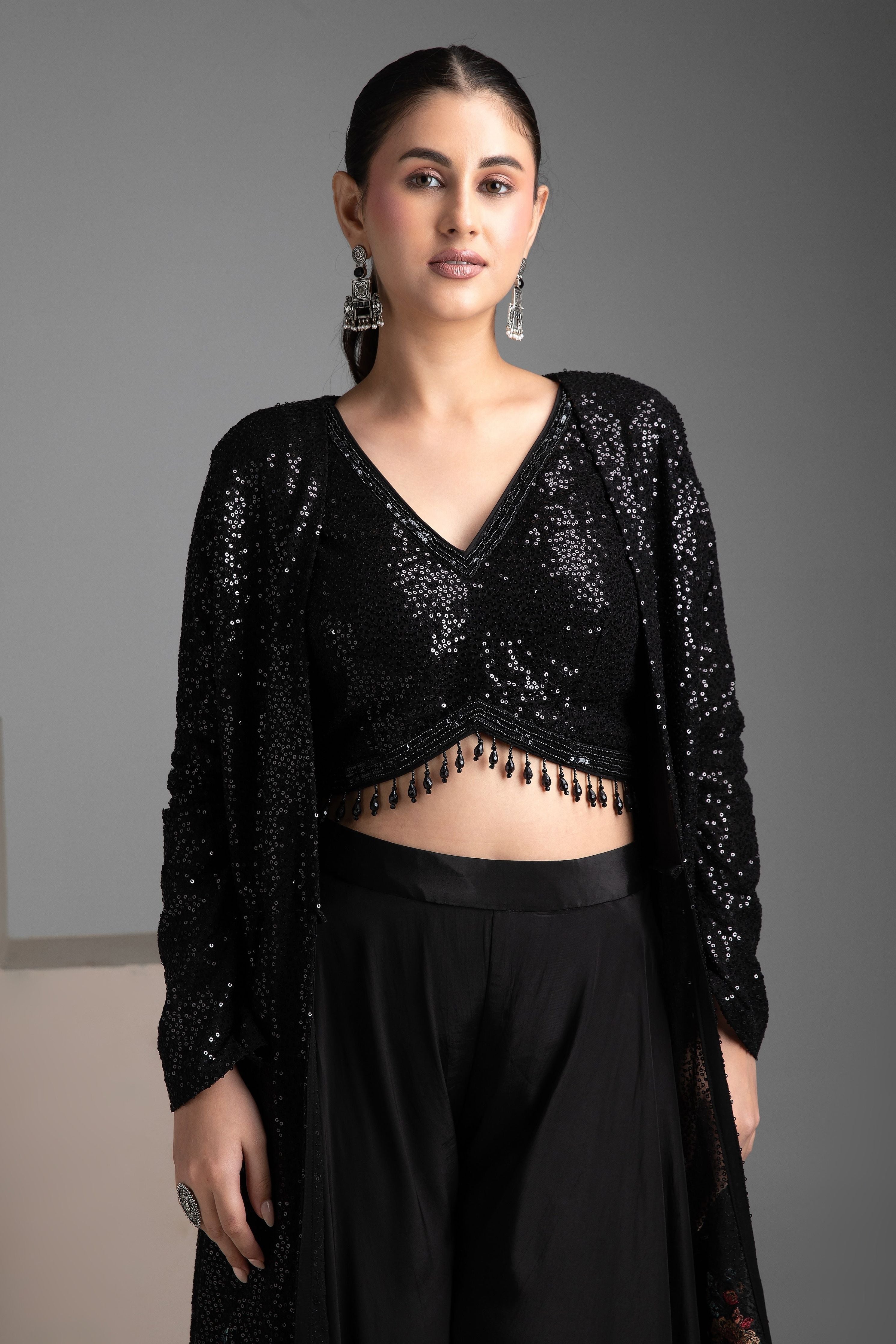 Black Georgette Indo-western Jacket Set - Mokshaa