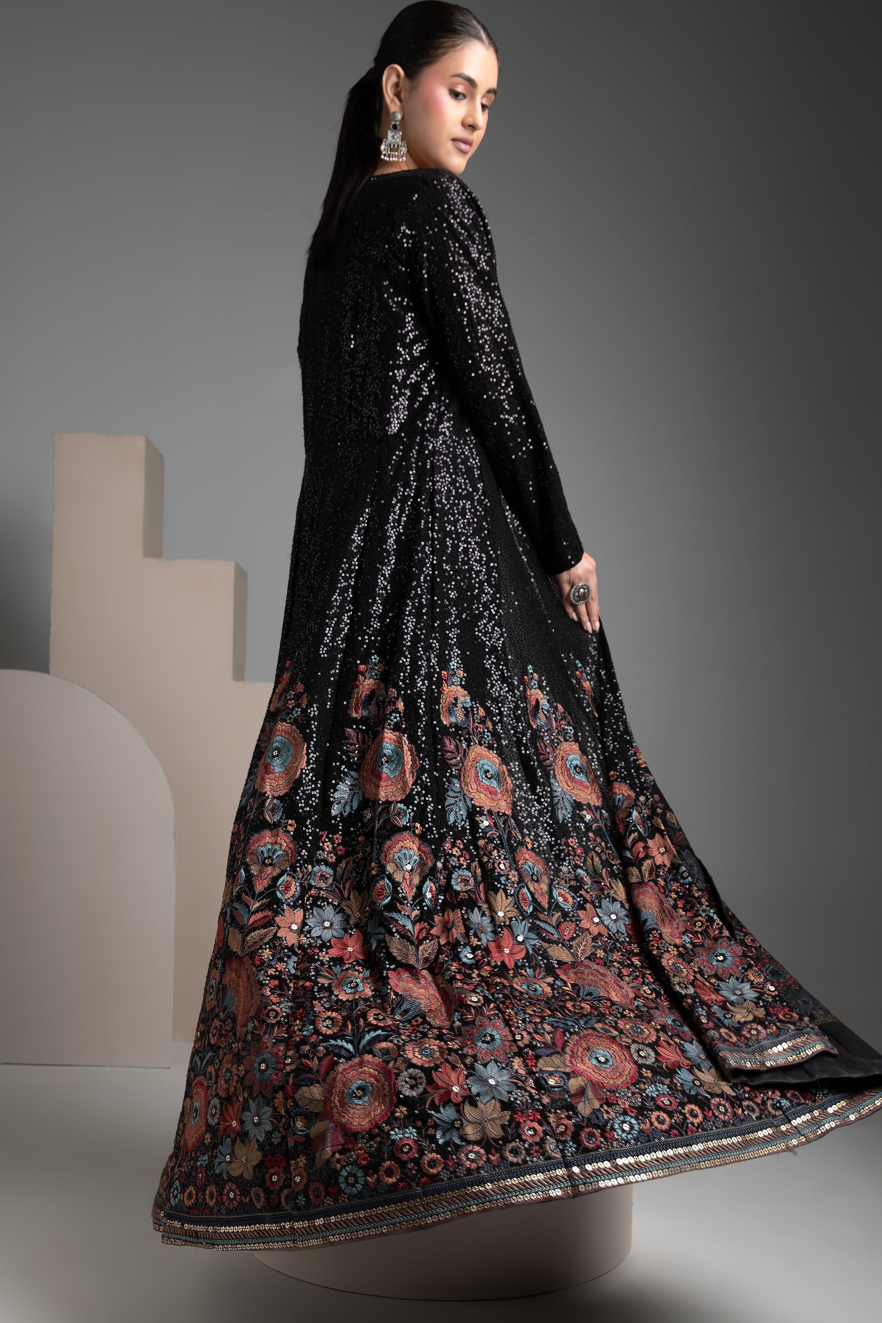 Black Georgette Indo-western Jacket Set - Mokshaa