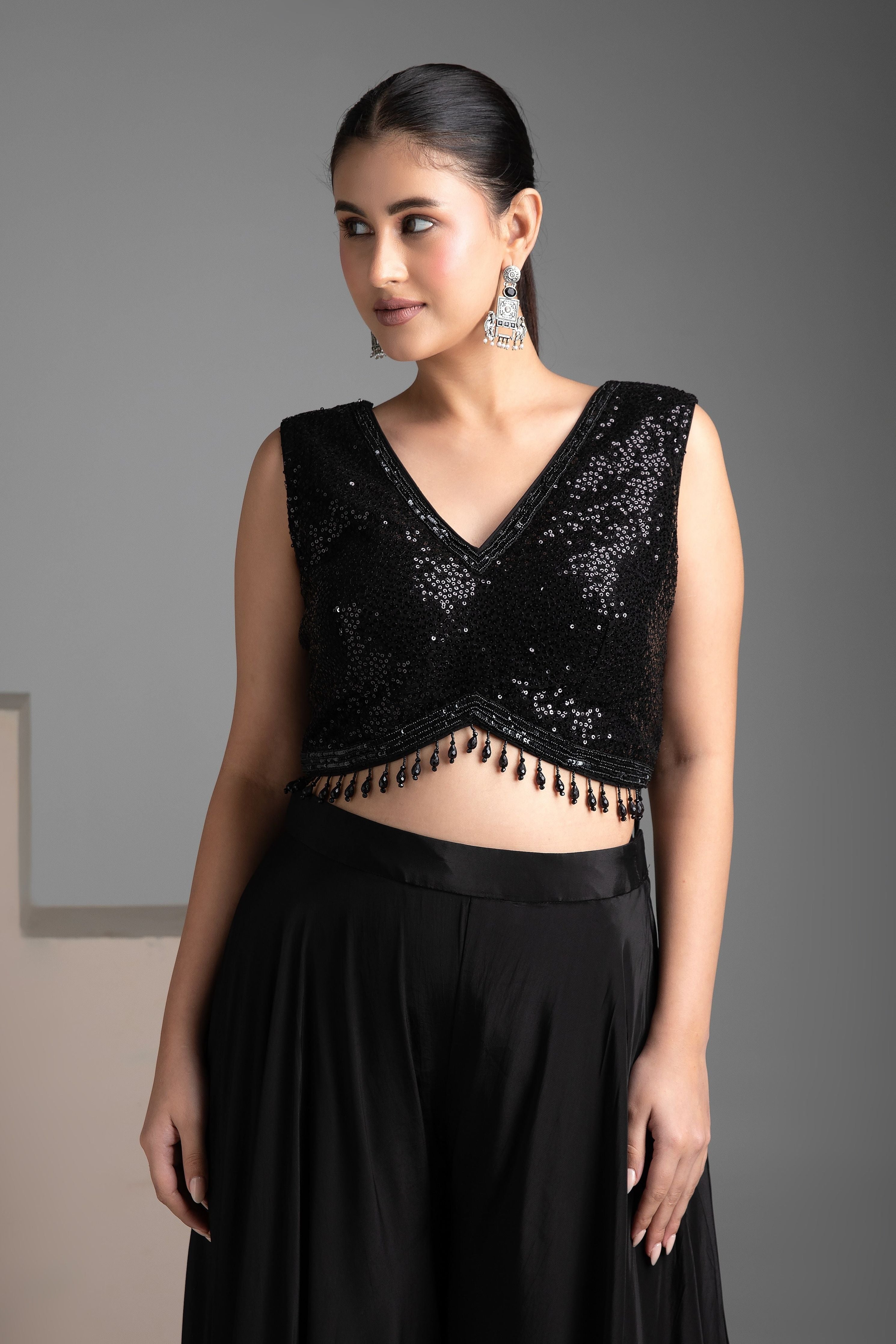 Black Georgette Indo-western Jacket Set - Mokshaa