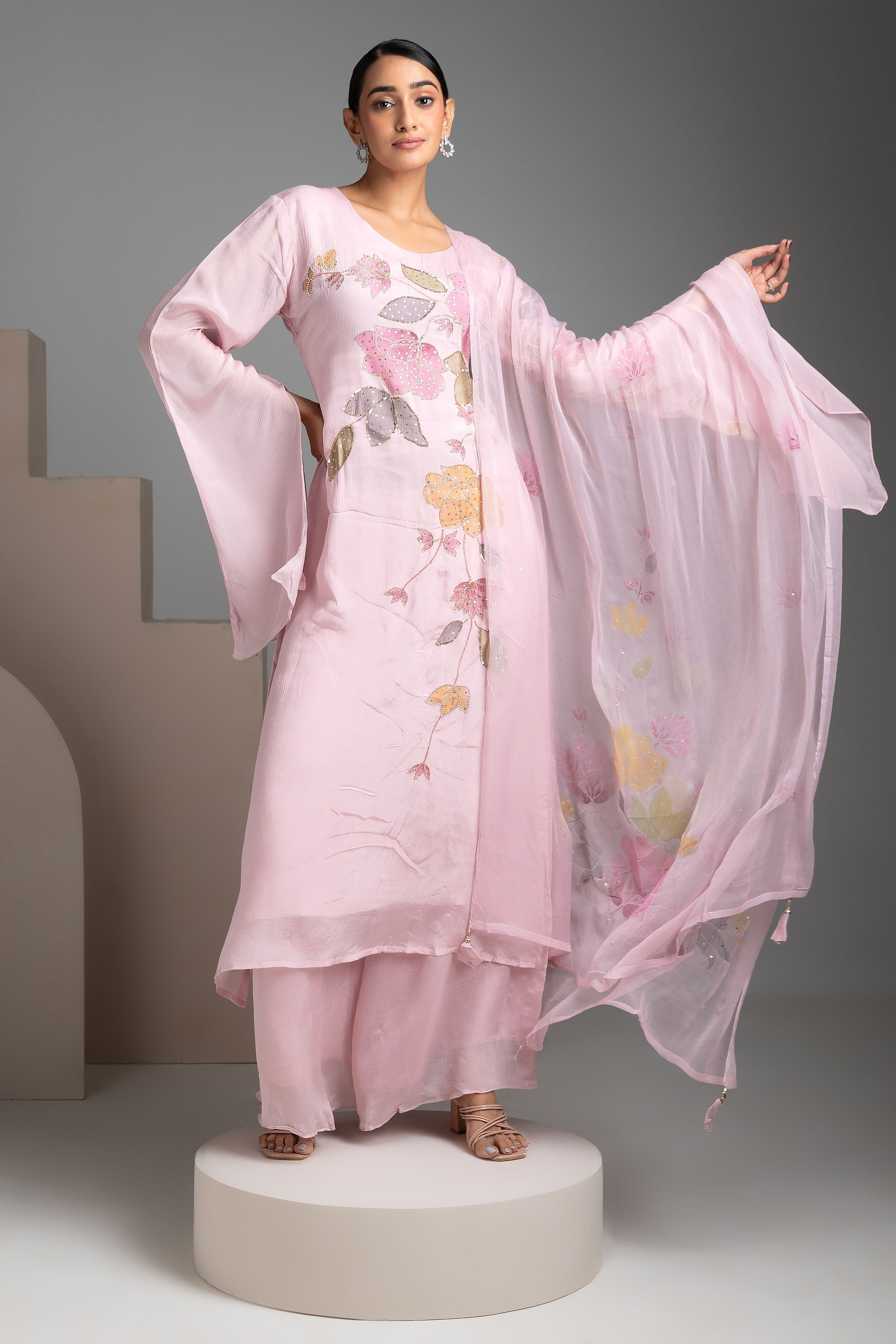 Pink Chinon Kurta and Palazzo Set - Mokshaa