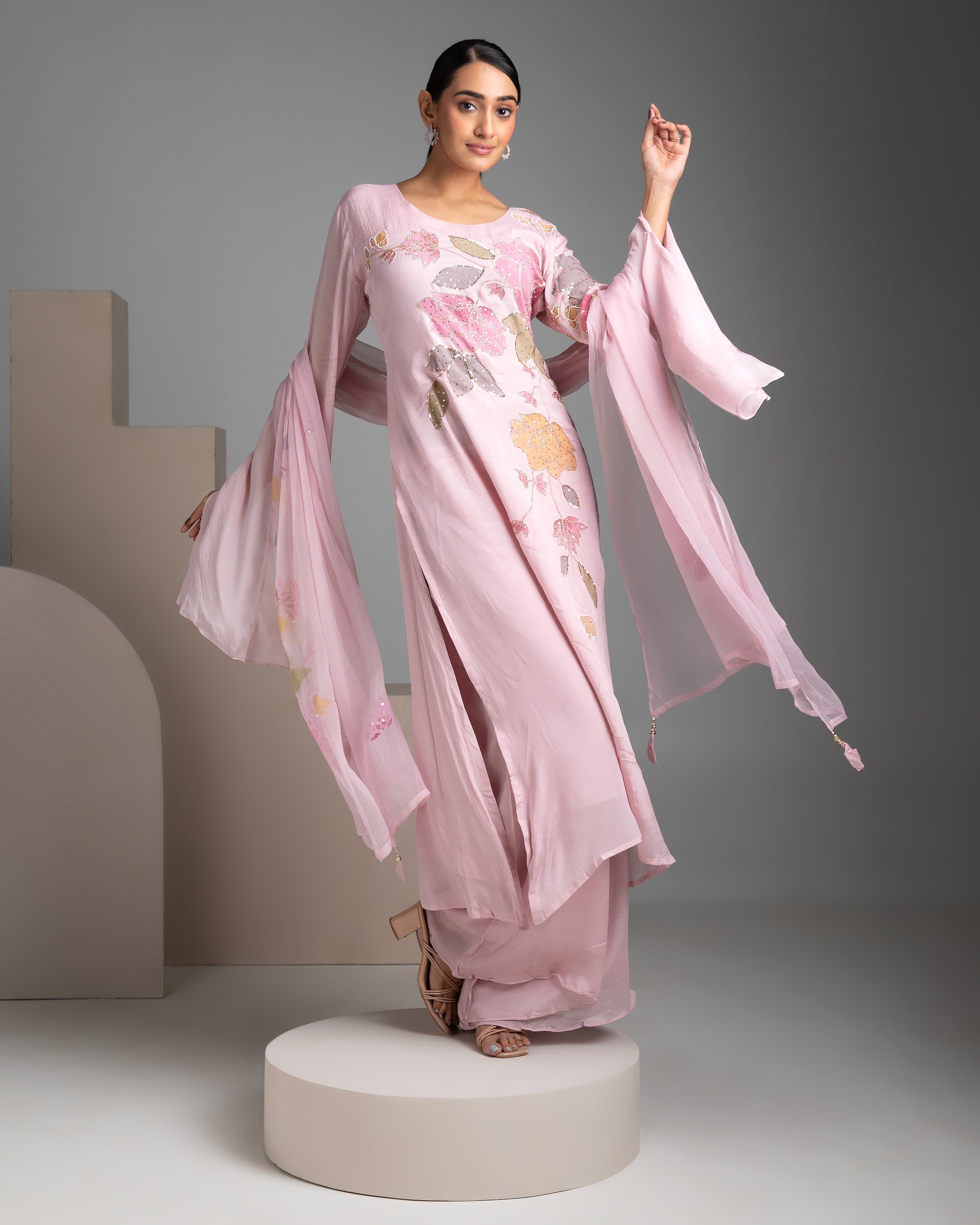 Pink Chinon Kurta and Palazzo Set - Mokshaa