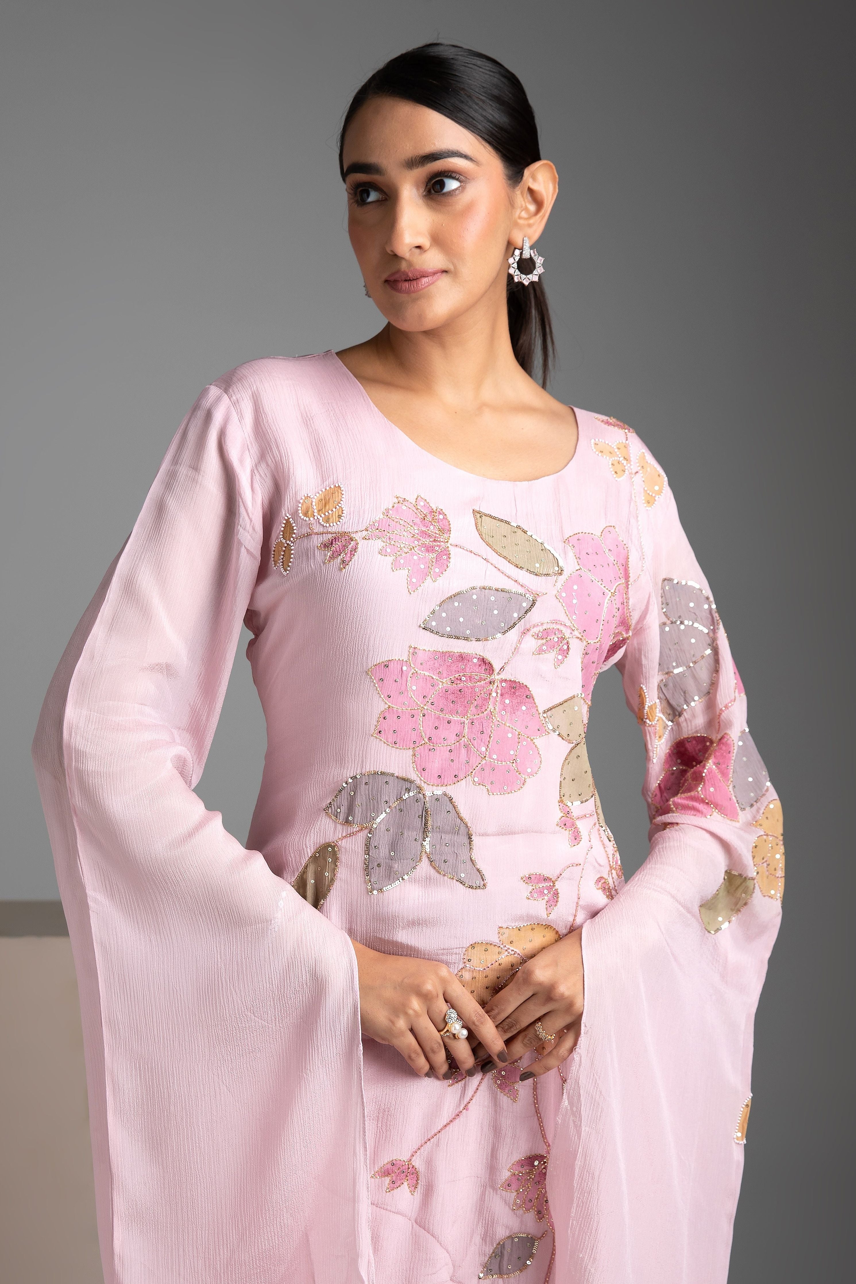 Pink Chinon Kurta and Palazzo Set - Mokshaa