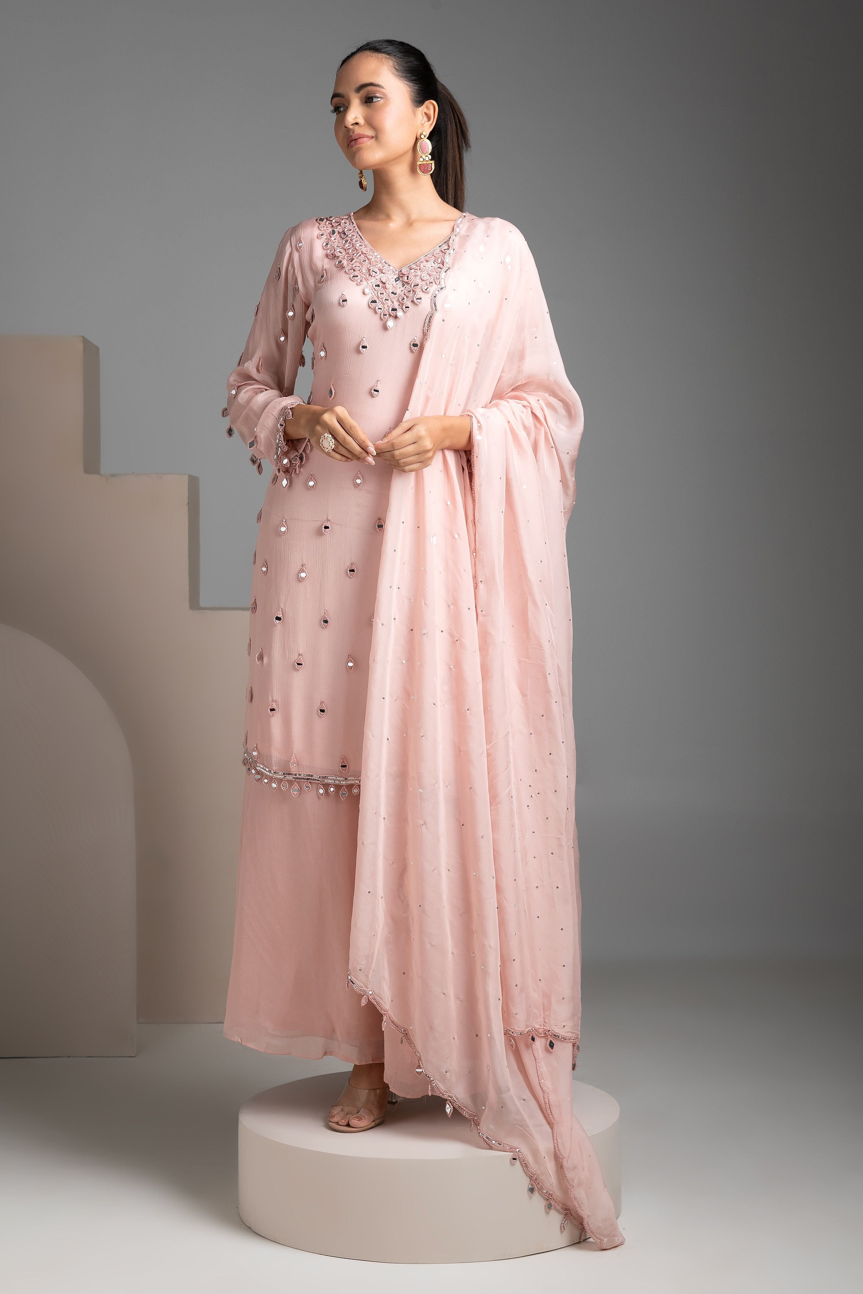 Peach chinon sharara set - Mokshaa