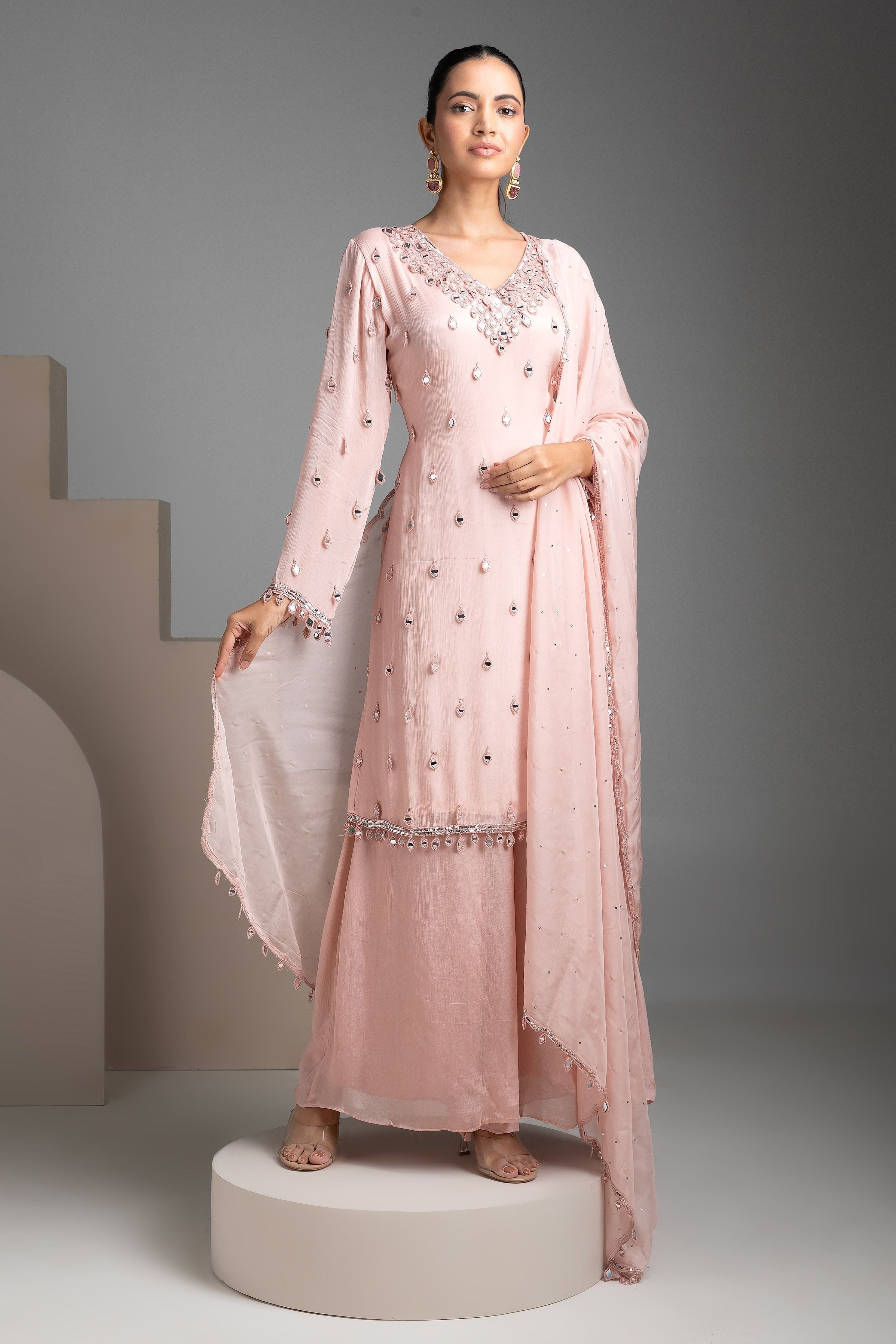 Peach chinon sharara set - Mokshaa