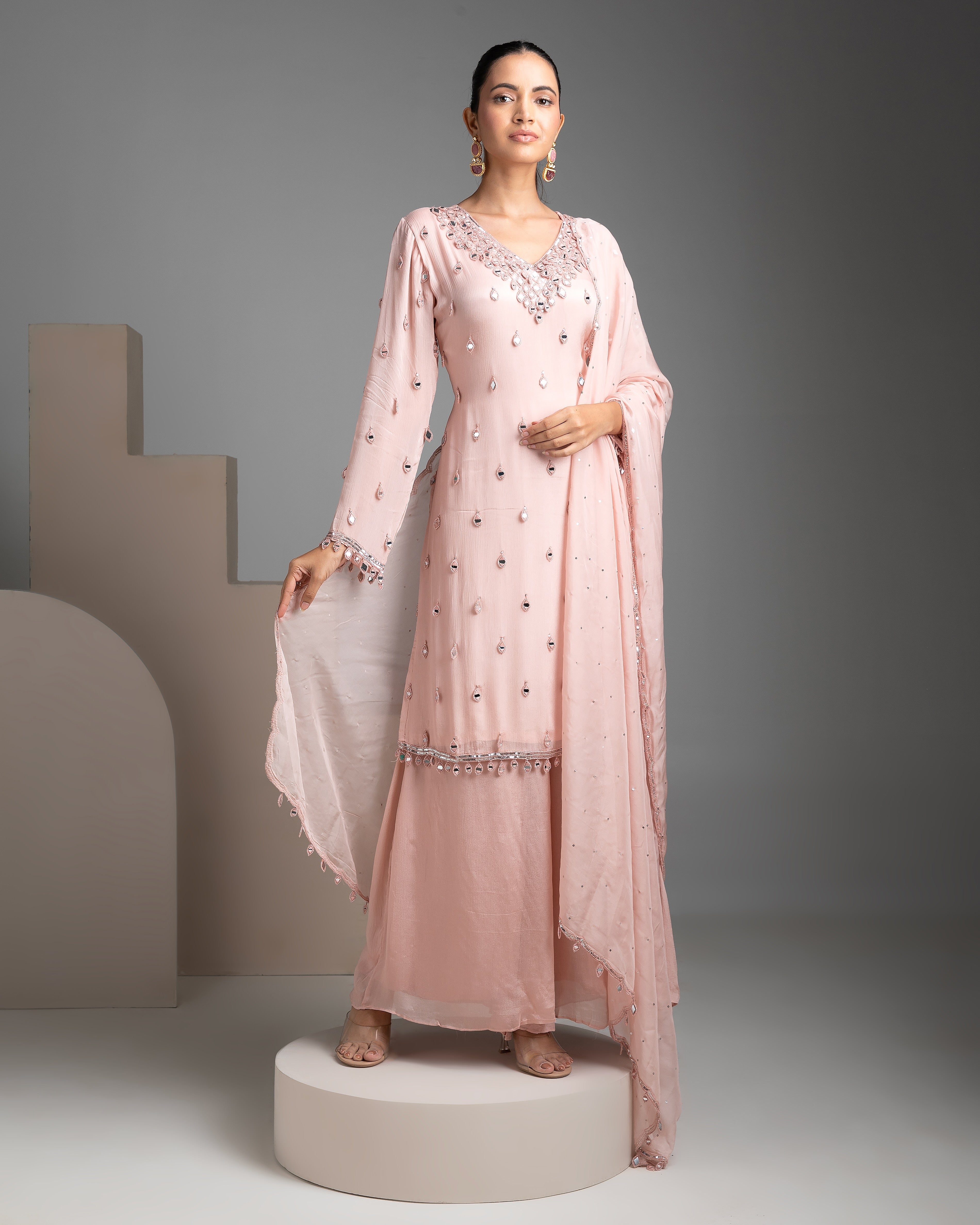 Peach chinon sharara set - Mokshaa