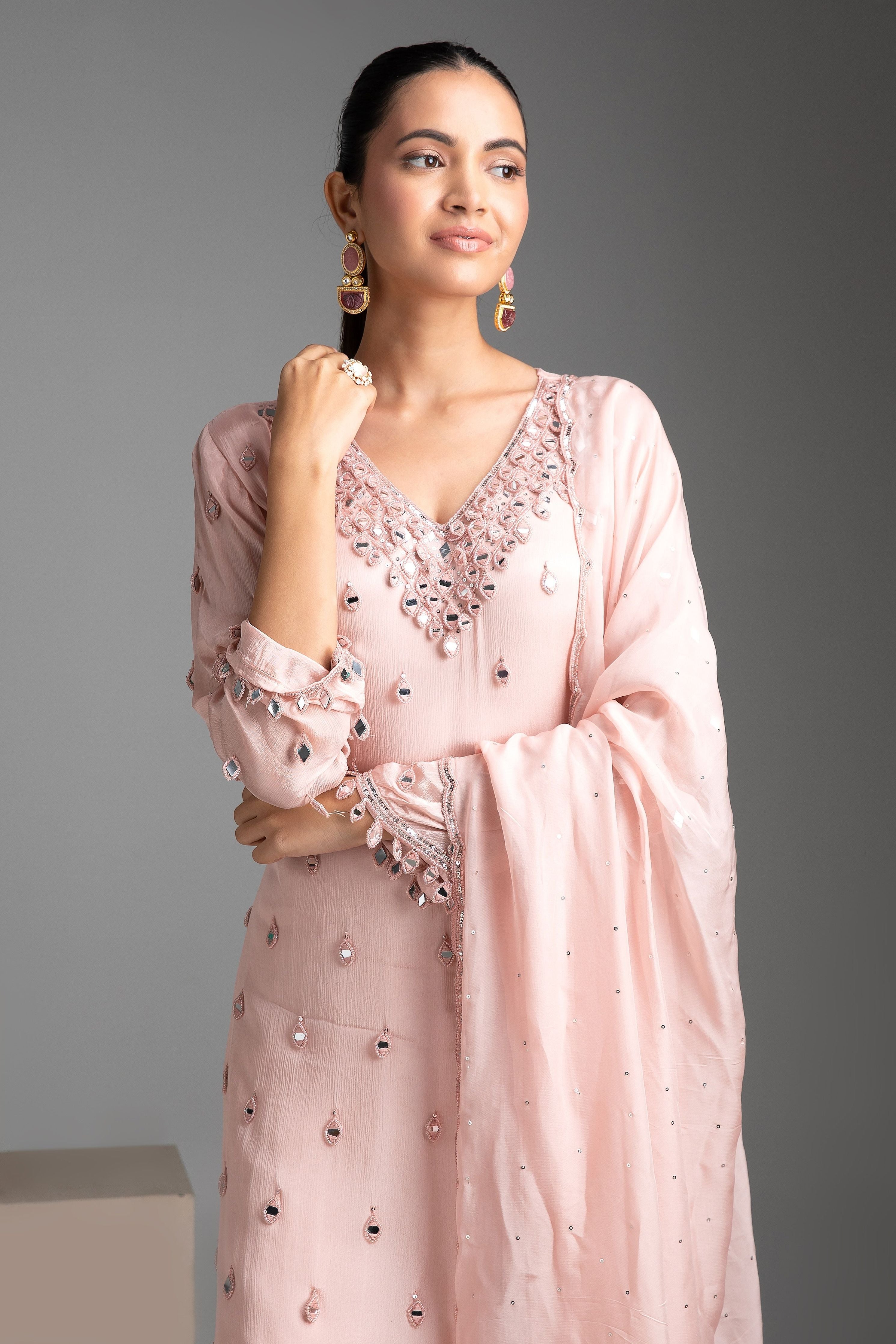 Peach chinon sharara set - Mokshaa