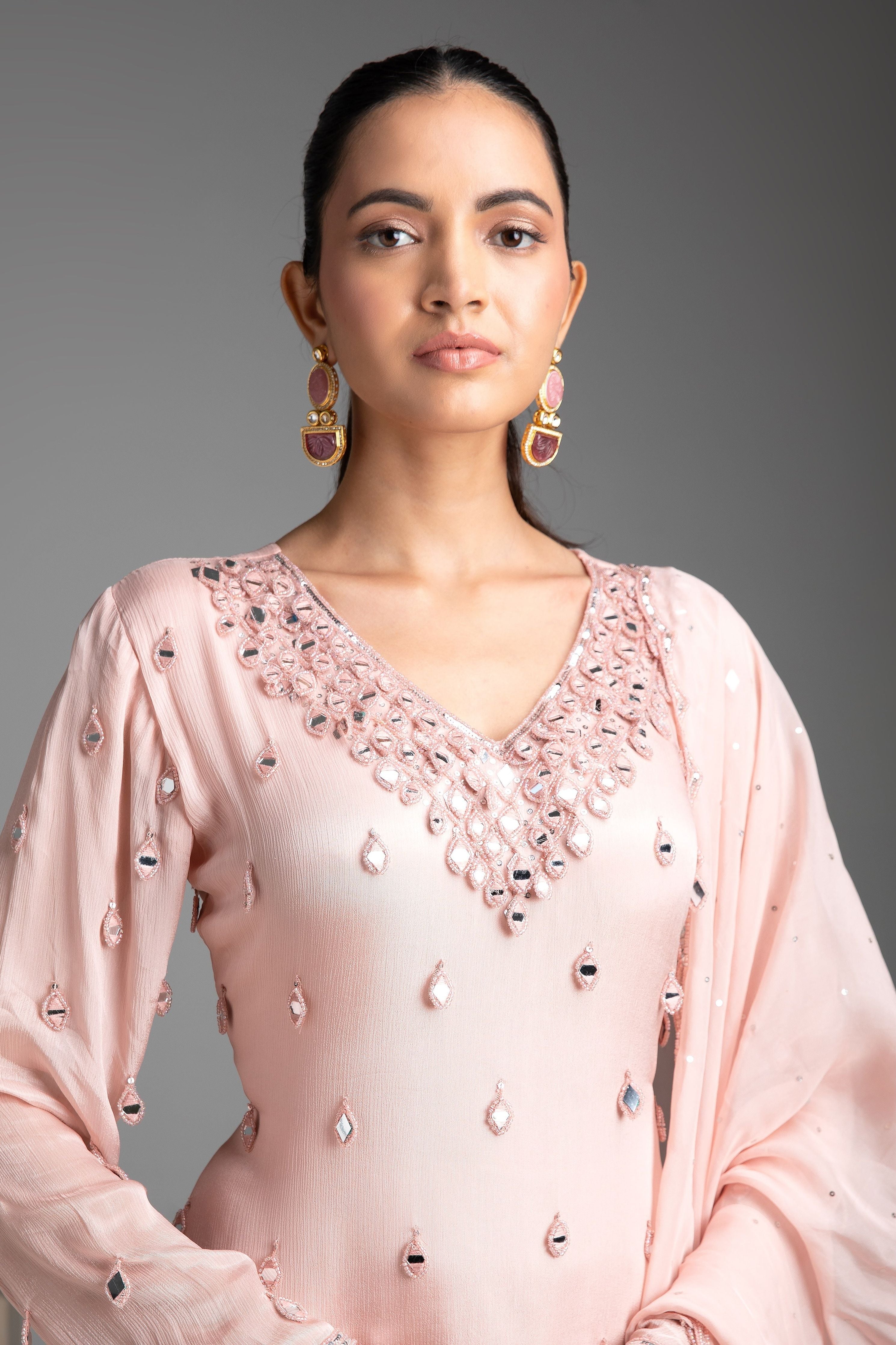 Peach chinon sharara set - Mokshaa