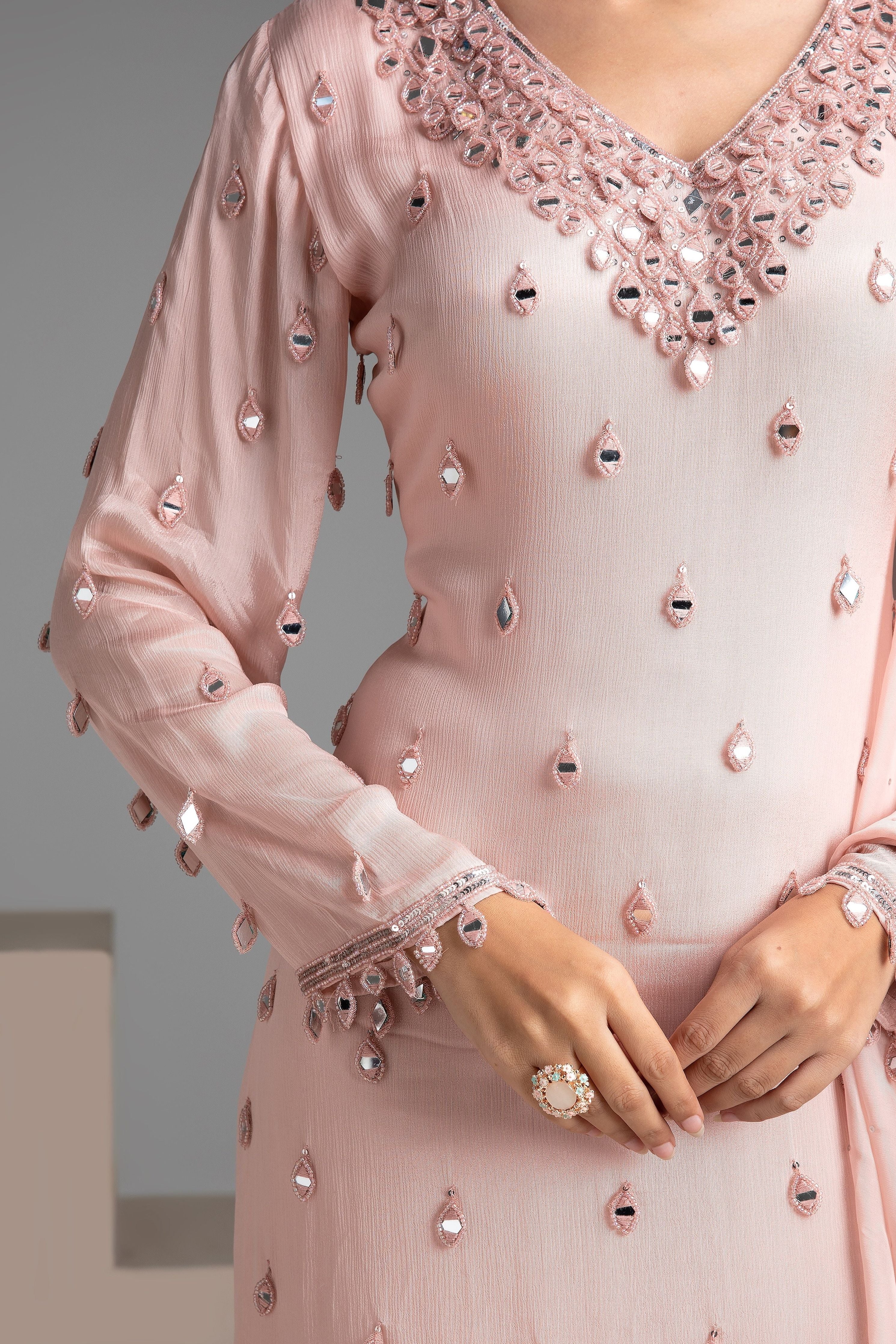 Peach chinon sharara set - Mokshaa